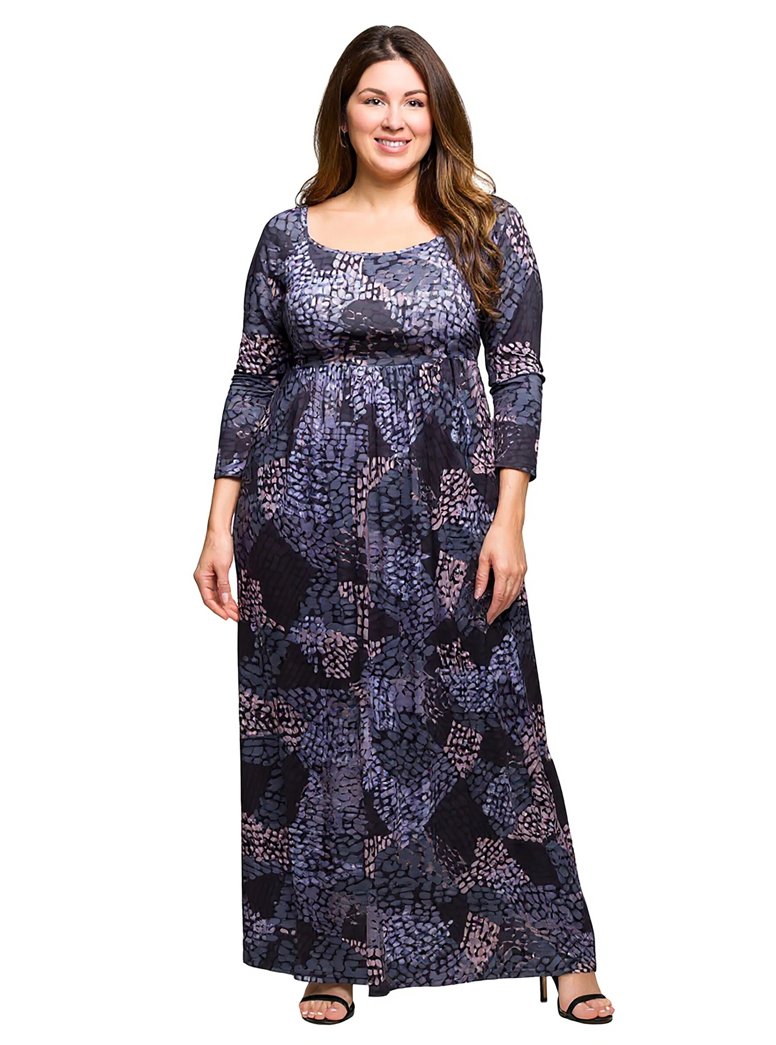 24seven Comfort Apparel Plus Size Long Sleeve Empire Waist Maxi Dress in Grey Print sold by 24/7 Comfort Apparel product image thumbnail 3