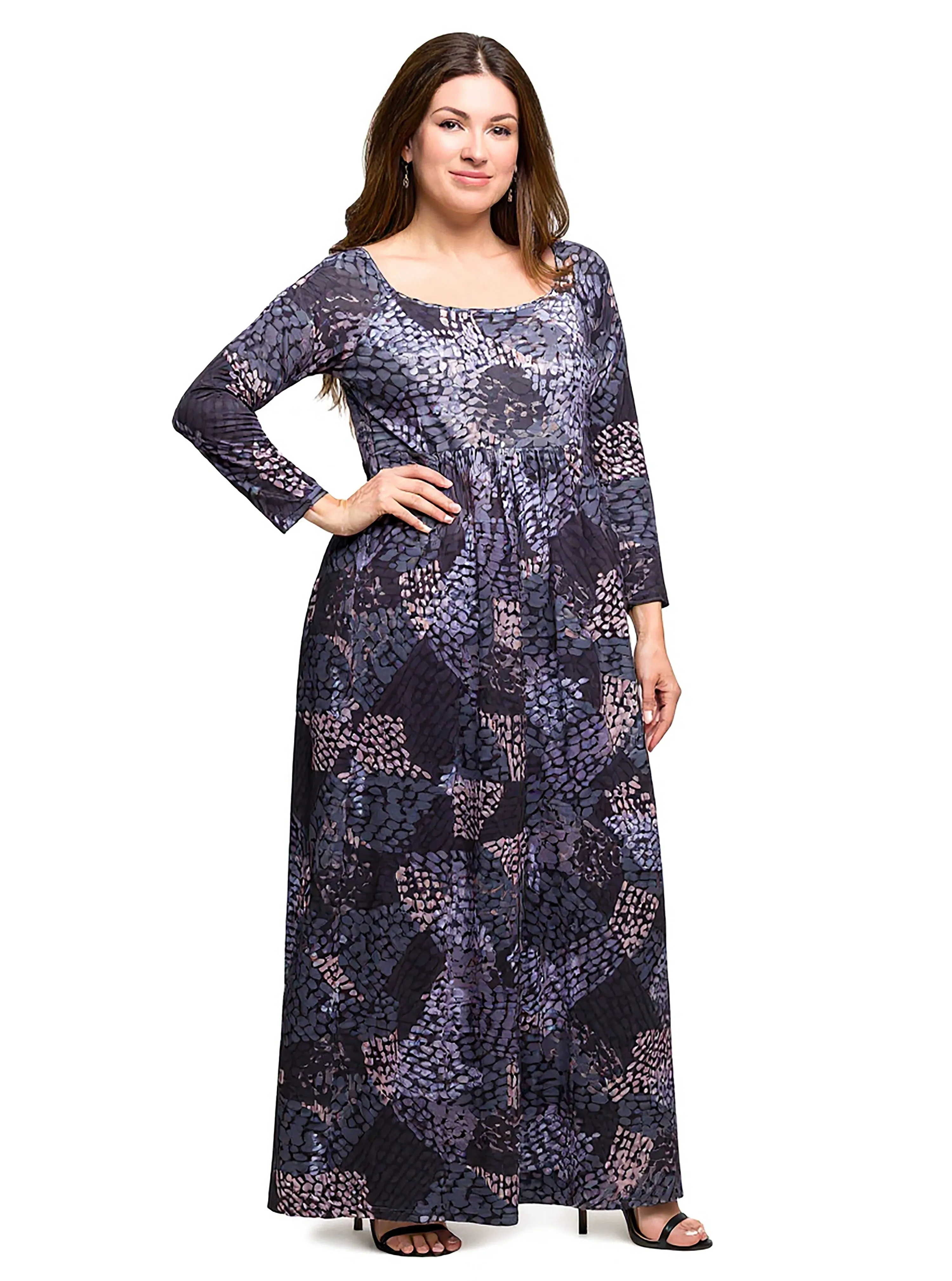 24seven Comfort Apparel Plus Size Long Sleeve Empire Waist Maxi Dress in Grey Print sold by 24/7 Comfort Apparel product image thumbnail 2