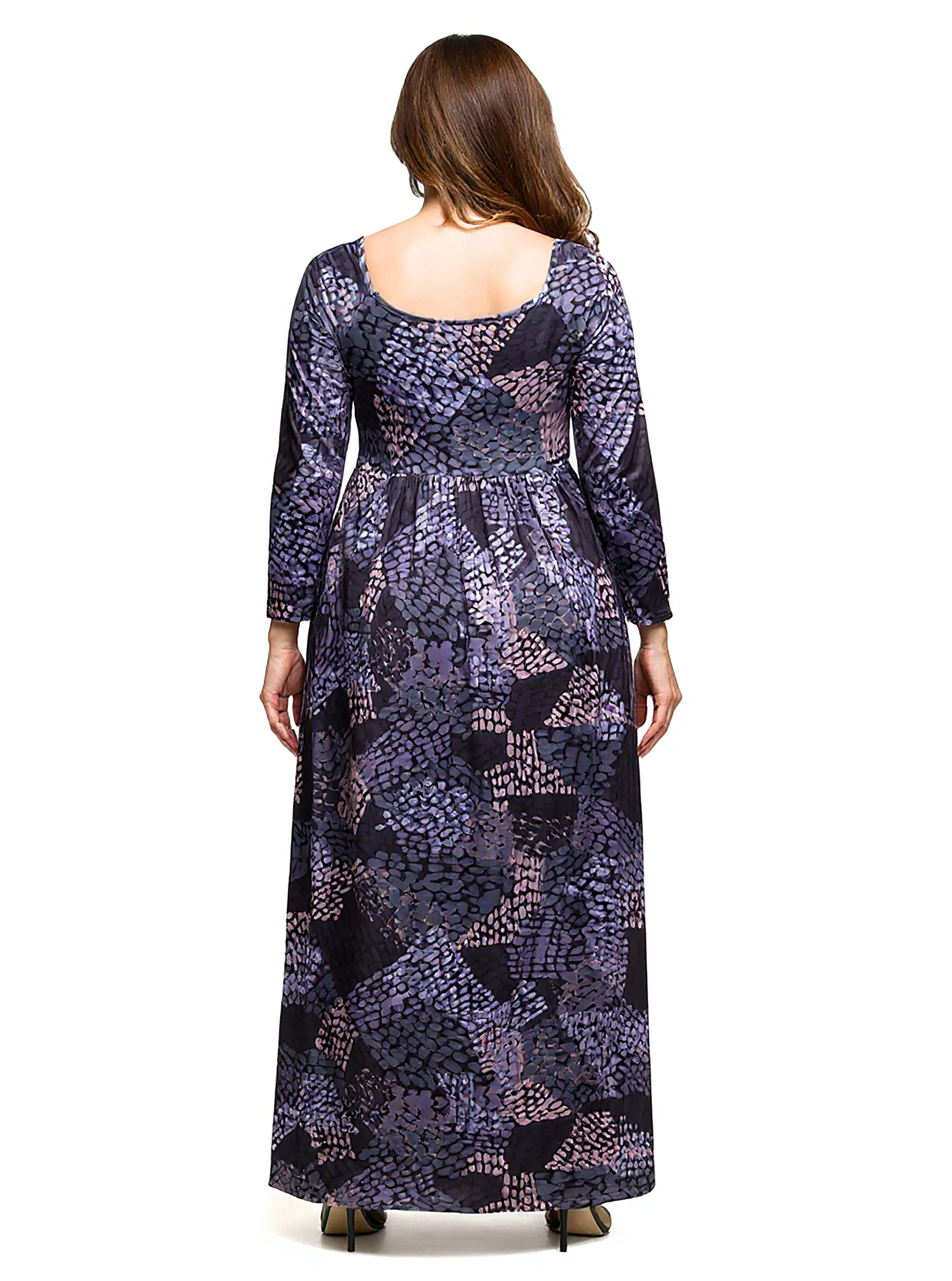 24seven Comfort Apparel Plus Size Long Sleeve Empire Waist Maxi Dress in Grey Print sold by 24/7 Comfort Apparel product image thumbnail 4