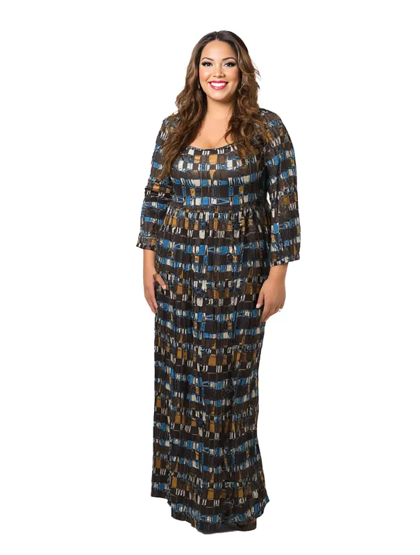 24seven Comfort Apparel Plus Size Brown Geometric Print Long Sleeve Empire Waist Maxi Dress sold by 24/7 Comfort Apparel