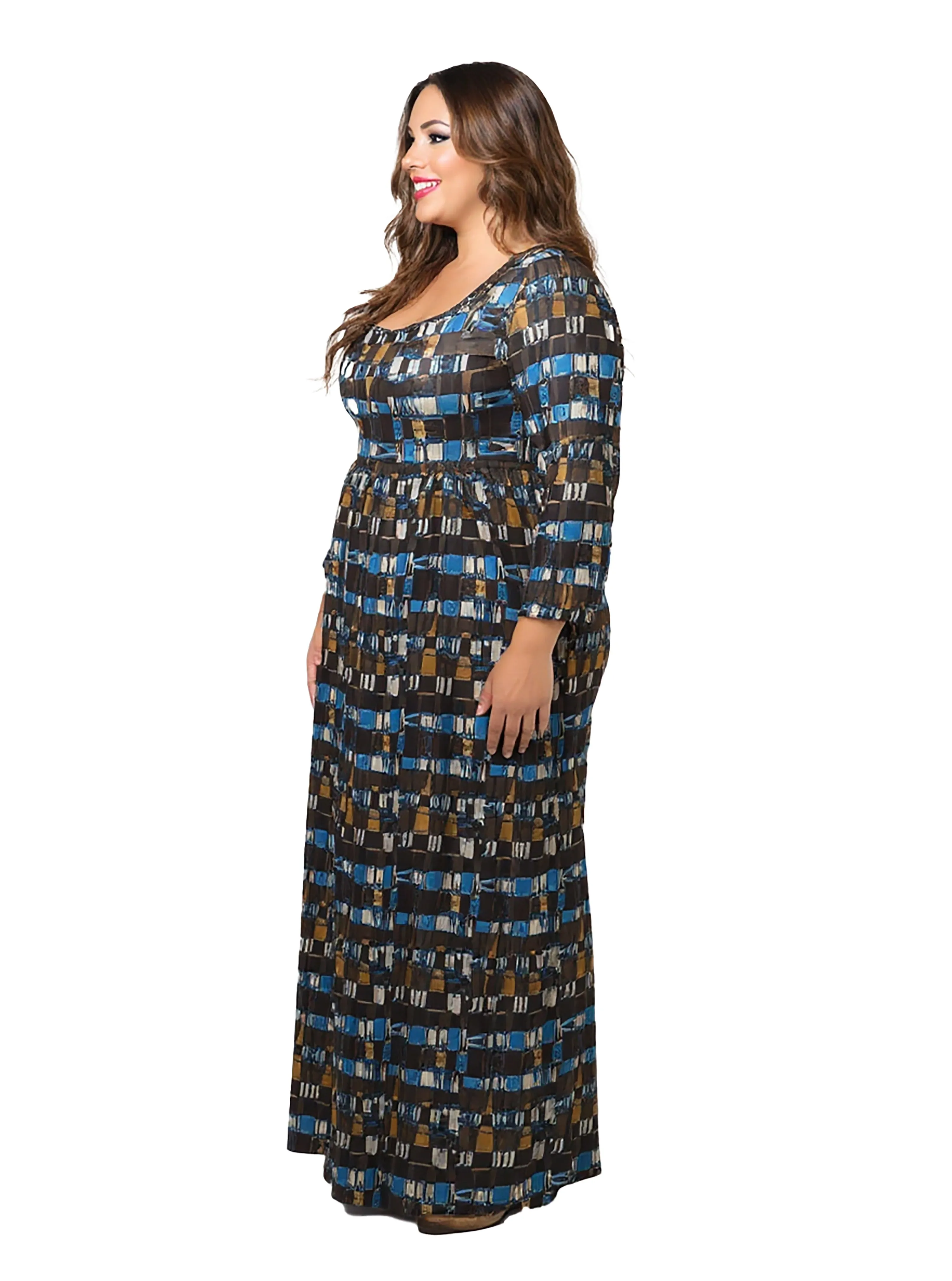 24seven Comfort Apparel Plus Size Brown Geometric Print Long Sleeve Empire Waist Maxi Dress sold by 24/7 Comfort Apparel product image thumbnail 2