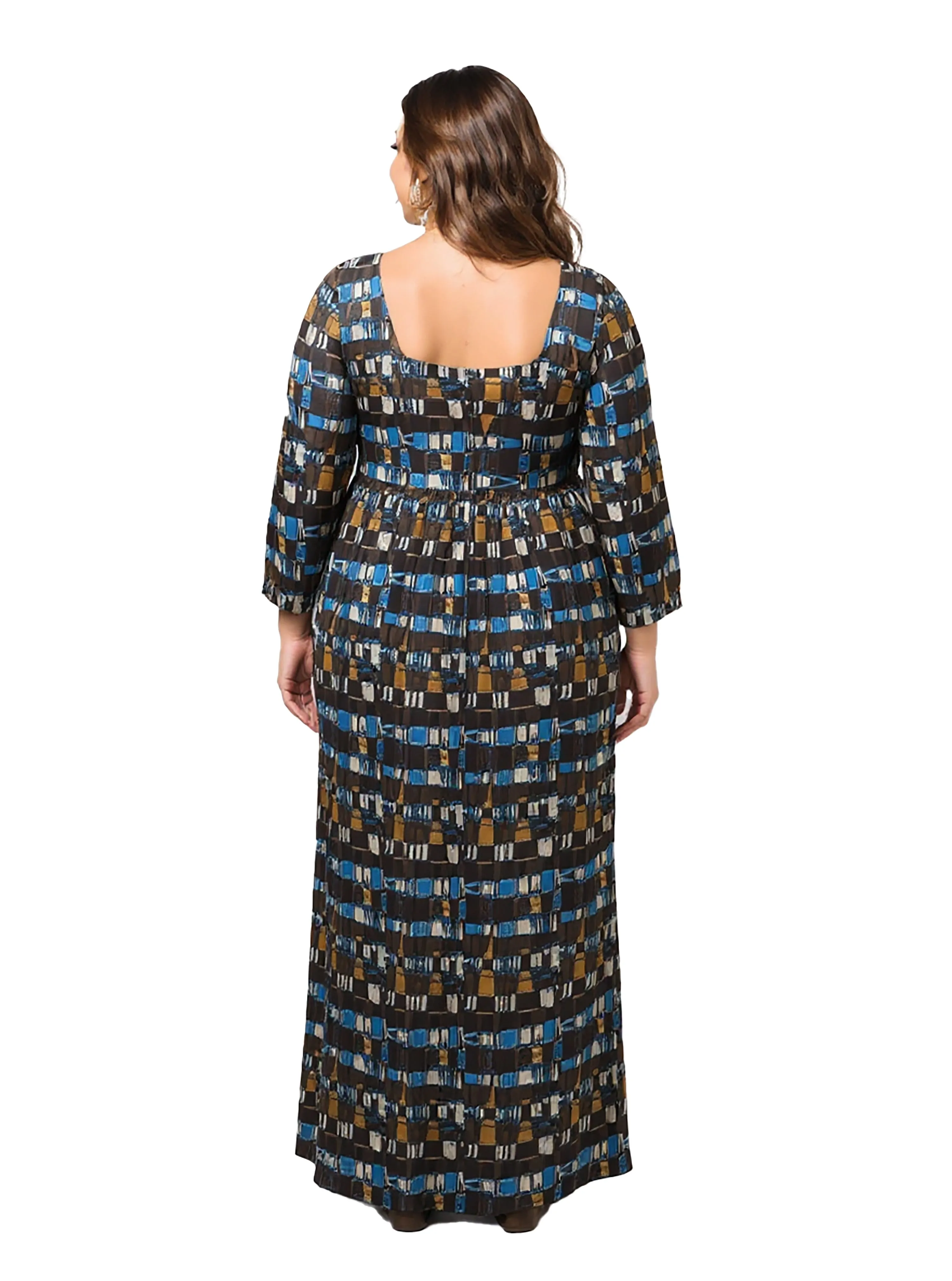 24seven Comfort Apparel Plus Size Brown Geometric Print Long Sleeve Empire Waist Maxi Dress sold by 24/7 Comfort Apparel product image thumbnail 3