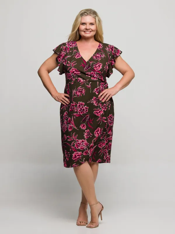 24seven Comfort Apparel Plus Size Brown and Pink Floral Flutter Sleeve Wrap Dress sold by 24/7 Comfort Apparel