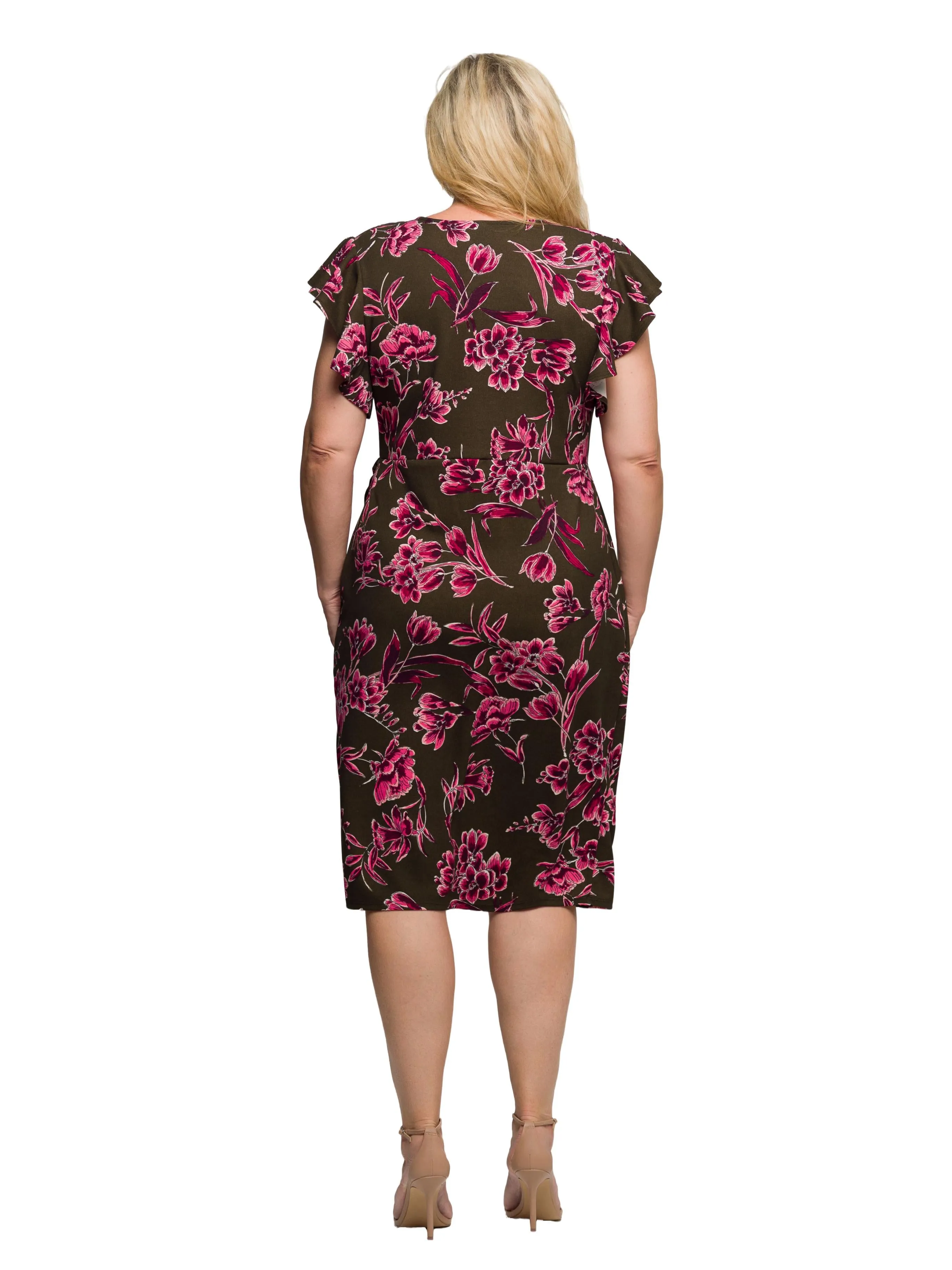 24seven Comfort Apparel Plus Size Brown and Pink Floral Flutter Sleeve Wrap Dress sold by 24/7 Comfort Apparel product image thumbnail 4
