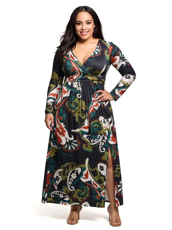 24seven Comfort Apparel Plus Size Green Paisley Print Long Sleeve Wrap Maxi Dress sold by 24/7 Comfort Apparel