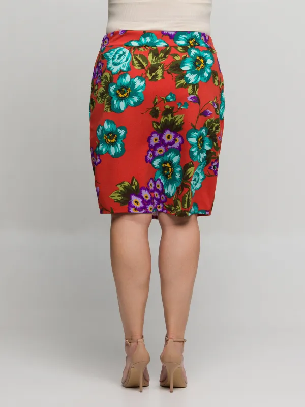 24seven Comfort Apparel Plus Size Orange Floral Print Knee Length Pencil Skirt sold by 24/7 Comfort Apparel