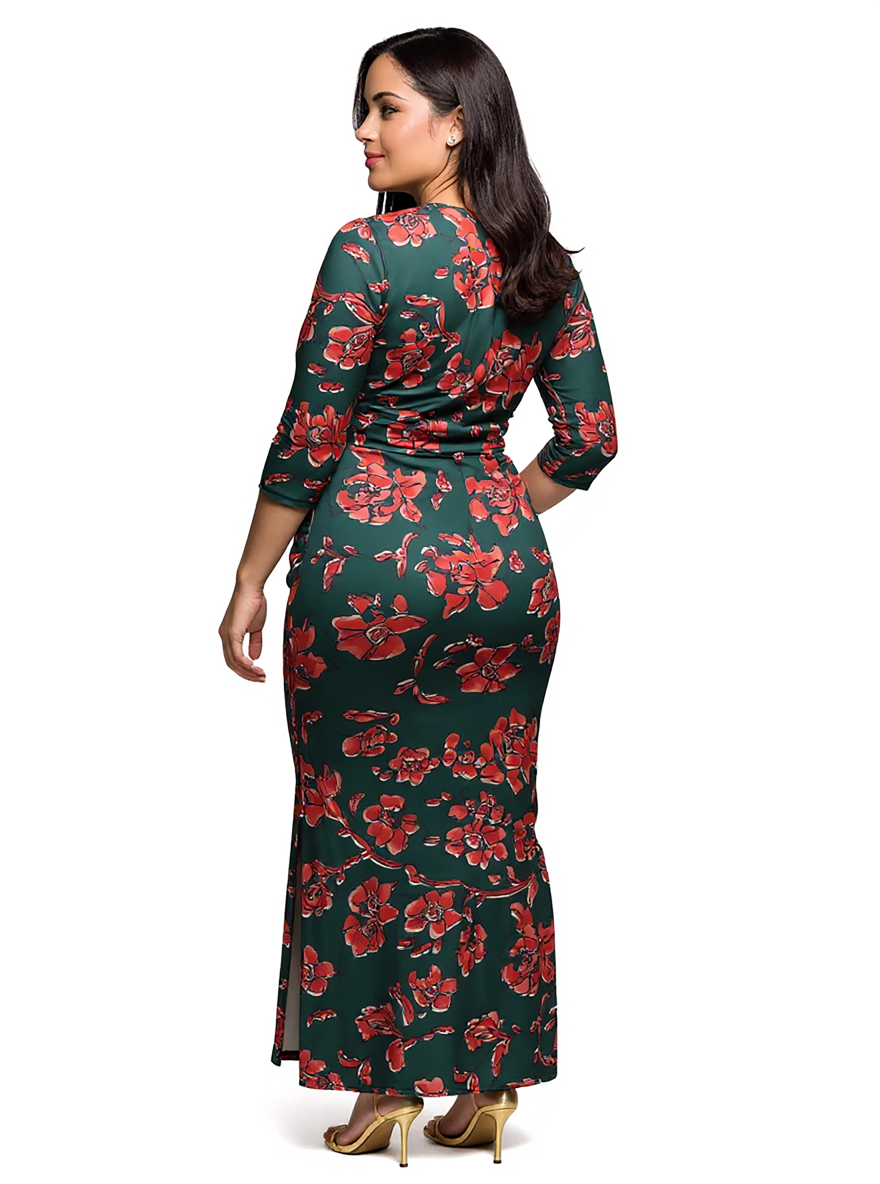 24seven Comfort Apparel Plus Size Green Floral Print Three Quarter Sleeve Side Slit Maxi Dress sold by 24/7 Comfort Apparel product image thumbnail 3