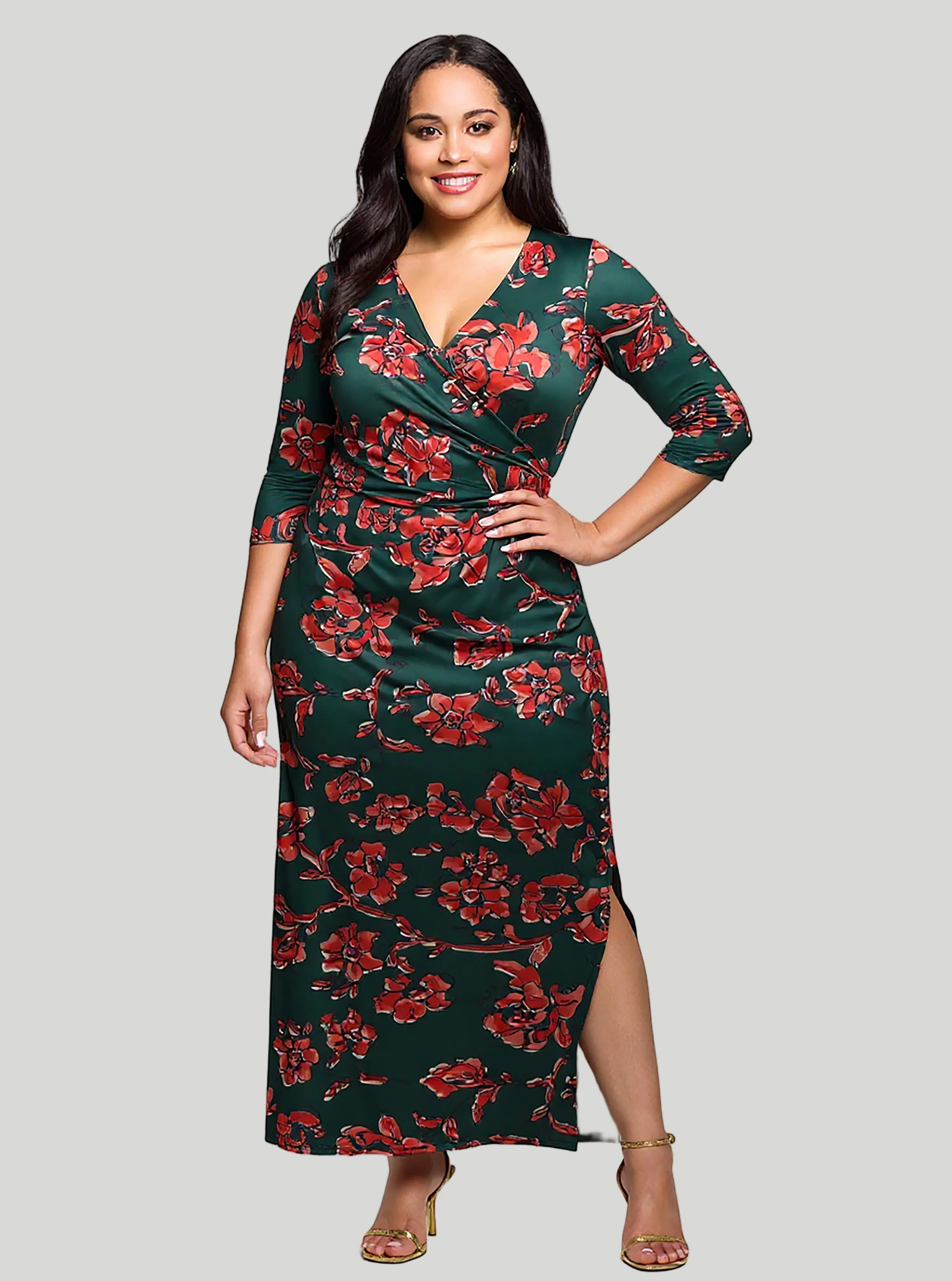 24seven Comfort Apparel Plus Size Green Floral Print Three Quarter Sleeve Side Slit Maxi Dress sold by 24/7 Comfort Apparel