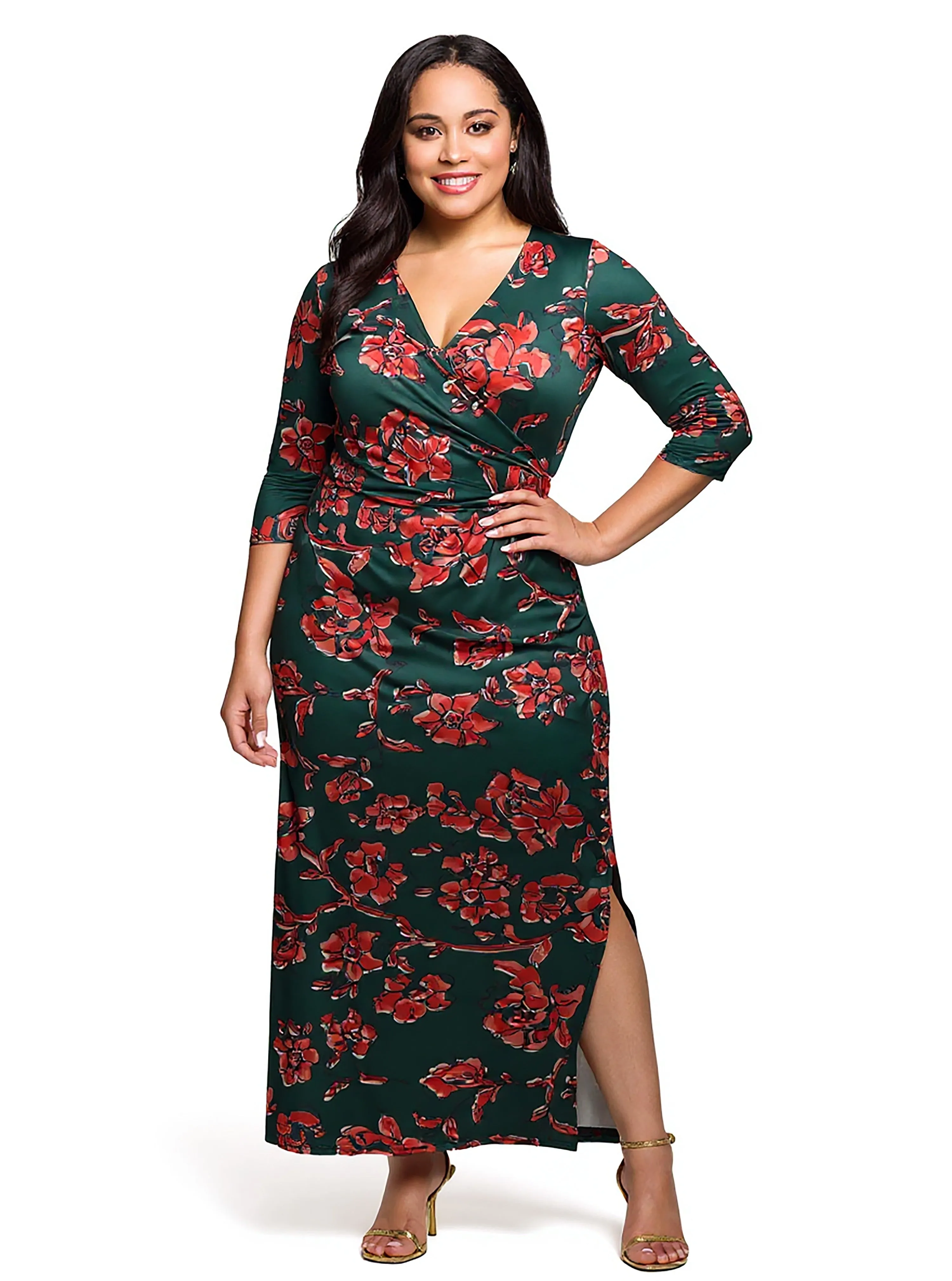 24seven Comfort Apparel Plus Size Green Floral Print Three Quarter Sleeve Side Slit Maxi Dress sold by 24/7 Comfort Apparel product image thumbnail 4