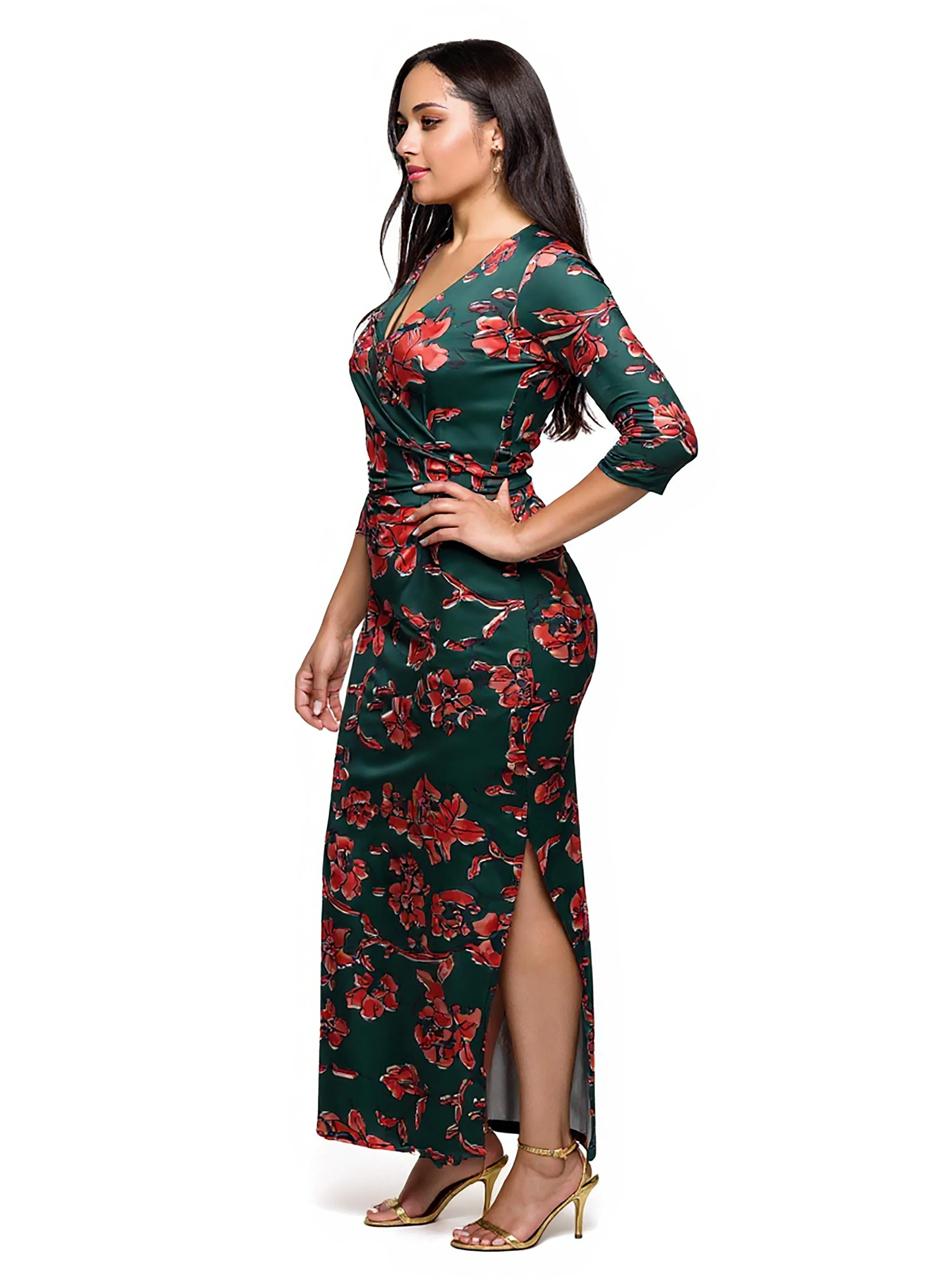 24seven Comfort Apparel Plus Size Green Floral Print Three Quarter Sleeve Side Slit Maxi Dress sold by 24/7 Comfort Apparel product image thumbnail 2