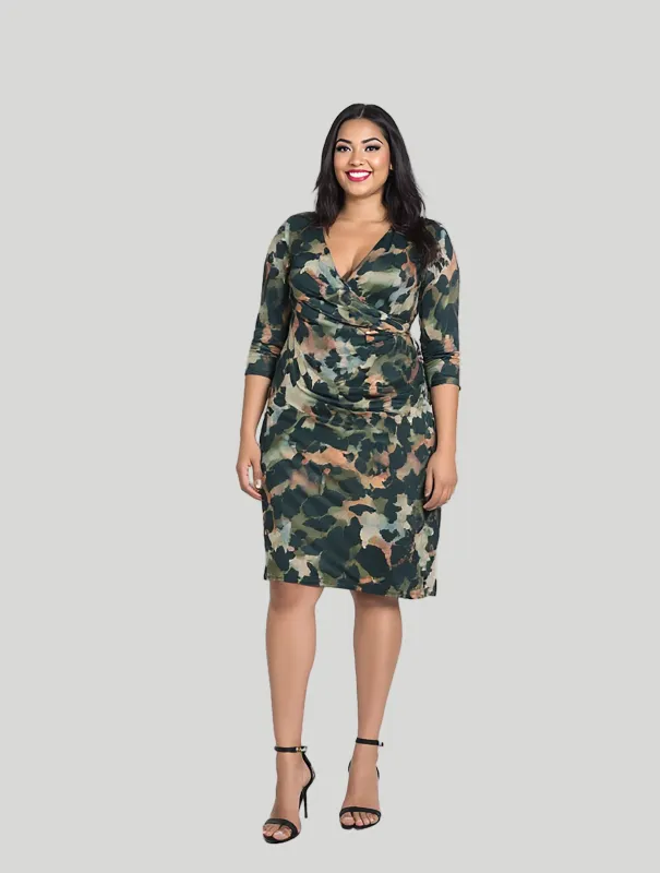 24seven Comfort Apparel Plus Size Three Quarter Sleeve Faux Wrap Dress in Green Animal Print sold by 24/7 Comfort Apparel