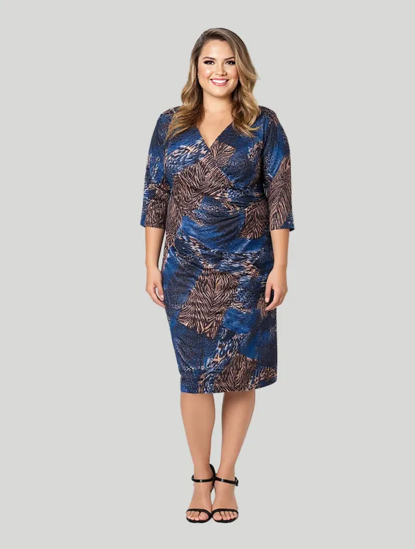 24seven Comfort Apparel Plus Size Three Quarter Sleeve Faux Wrap Dress in Blue Animal Print sold by 24/7 Comfort Apparel