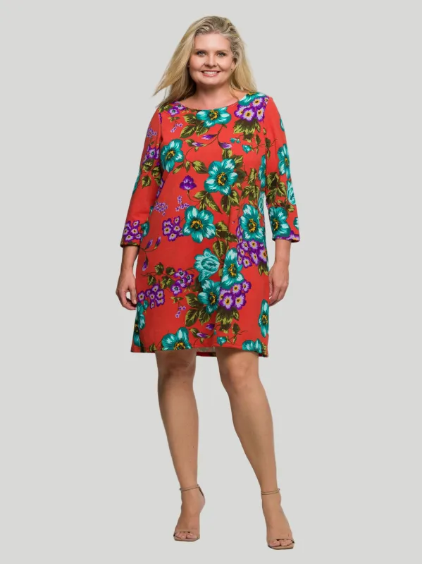 24seven Comfort Apparel Plus Size Orange Floral Print Three Quarter Sleeve A Line Knee Length Dress sold by 24/7 Comfort Apparel