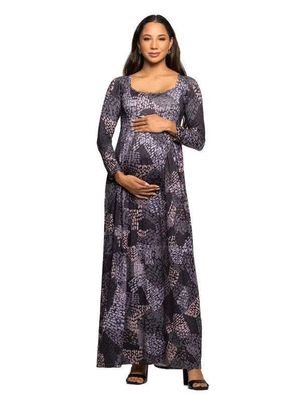 Maternity Long Sleeve Empire Waist Maxi Dress in Grey Print sold by 24/7 Comfort Apparel