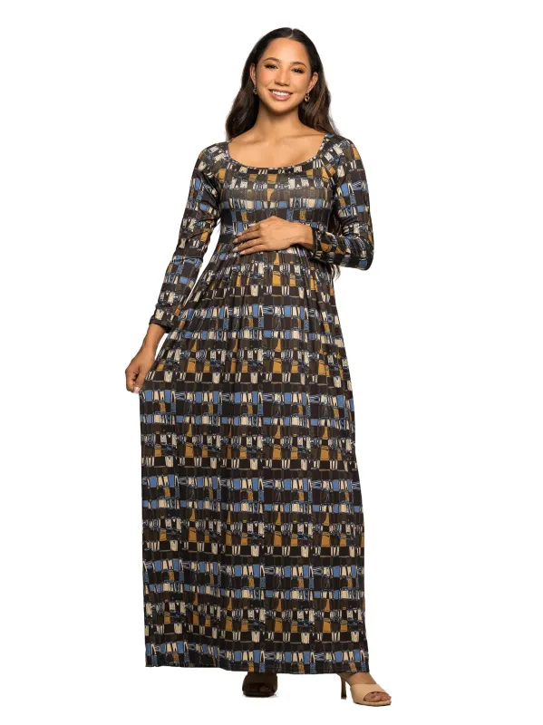 Maternity Brown Geometric Print Long Sleeve Empire Waist Maxi Dress sold by 24/7 Comfort Apparel