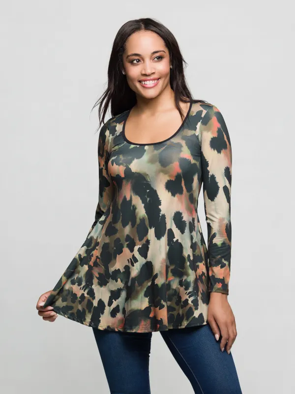 24seven Comfort Apparel Multiprint Long Sleeve Scoop Neck A Line Top sold by 24/7 Comfort Apparel