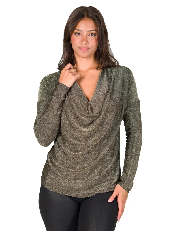 24seven Comfort Apparel Cowl Neck Long Sleeve Shimmery Fabric Top sold by 24/7 Comfort Apparel