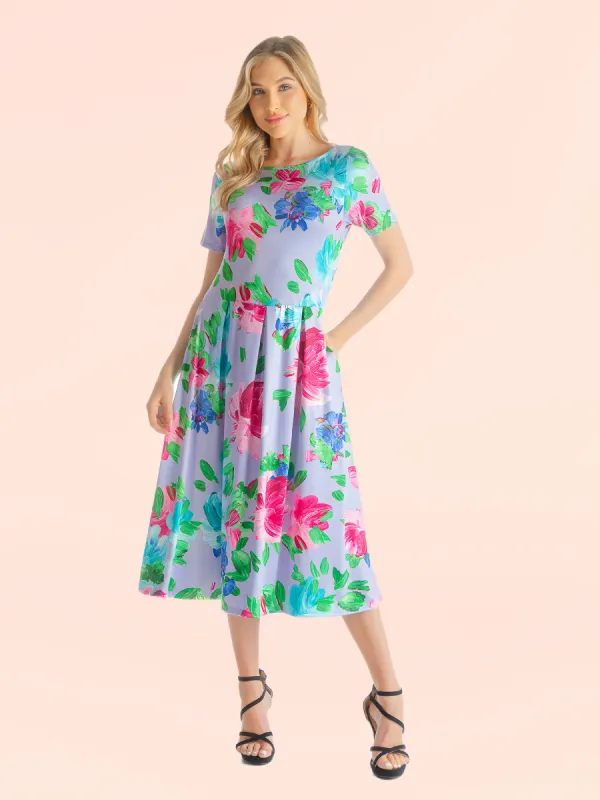 Floral Lilac Short Sleeve Pleated Fit and Flare Midi Pocket Dress sold by 24/7 Comfort Apparel