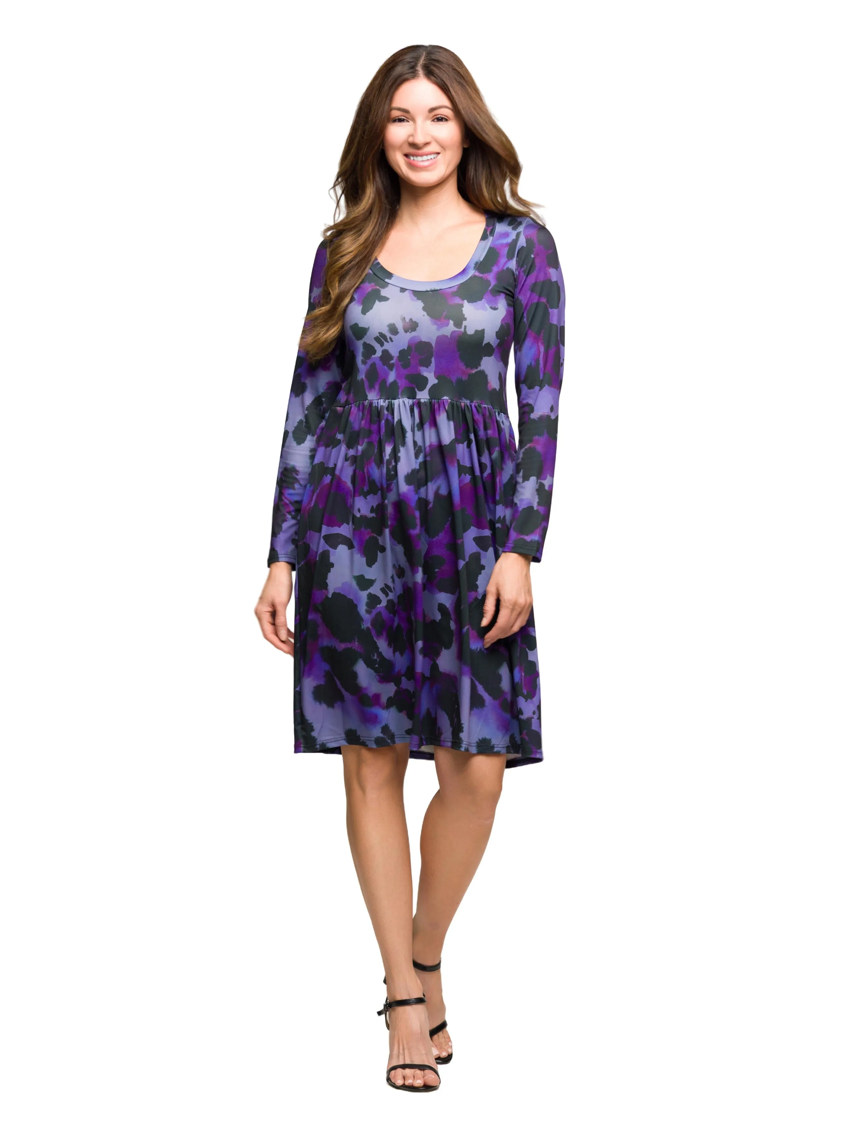 24seven Comfort Apparel Long Sleeve Empire Waist Dress Purple Black Print sold by 24/7 Comfort Apparel product image thumbnail 2