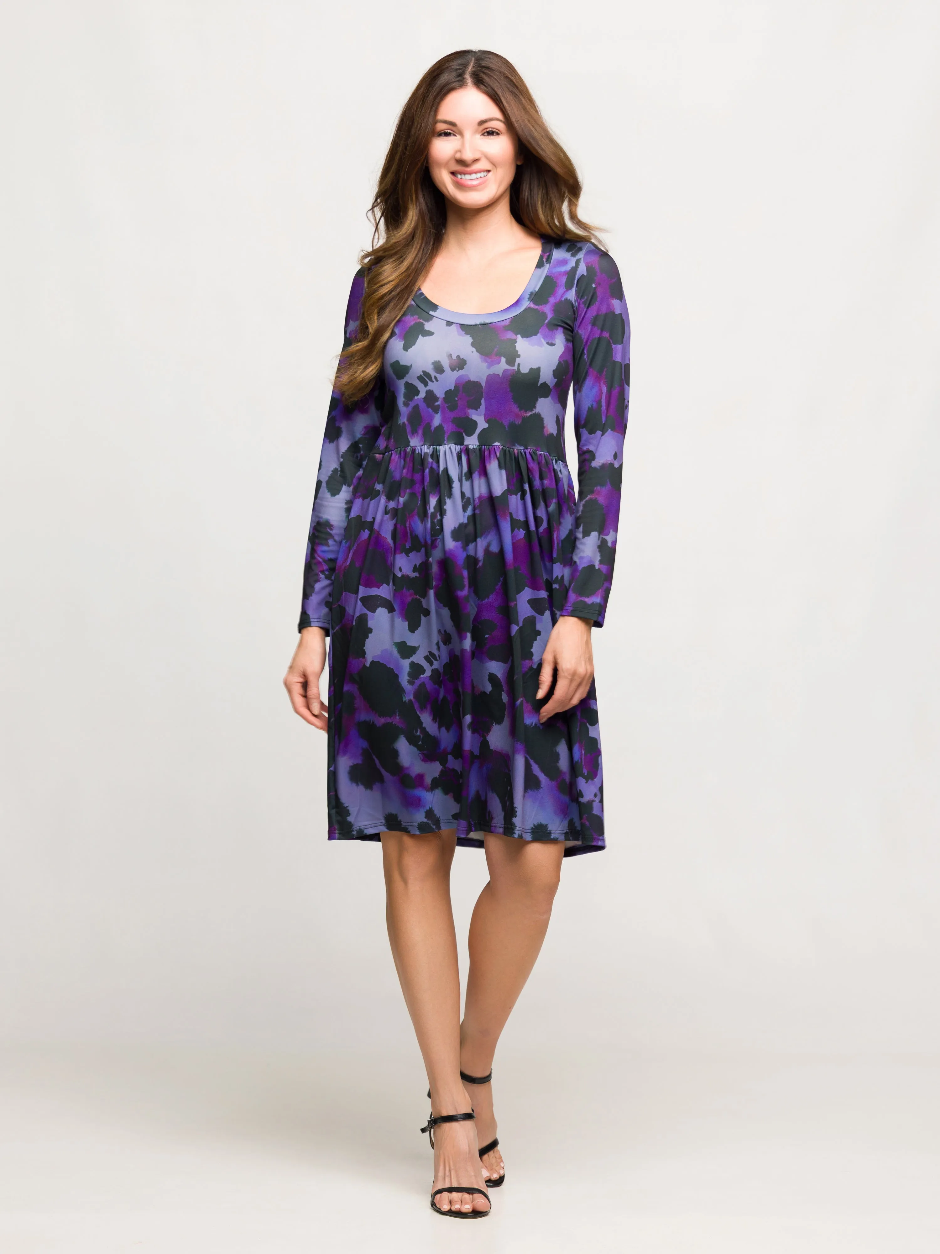 24seven Comfort Apparel Long Sleeve Empire Waist Dress Purple Black Print sold by 24/7 Comfort Apparel