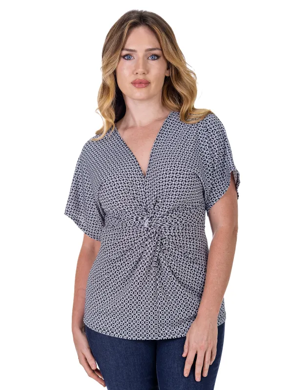 24seven Comfort Apparel Petite V Neck Geometric Print Knot Front Kimono Sleeve Top sold by 24/7 Comfort Apparel