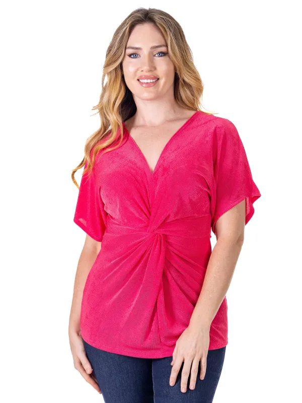 24seven Comfort Apparel Petite V Neck Knot Front Kimono Sleeve Top sold by 24/7 Comfort Apparel