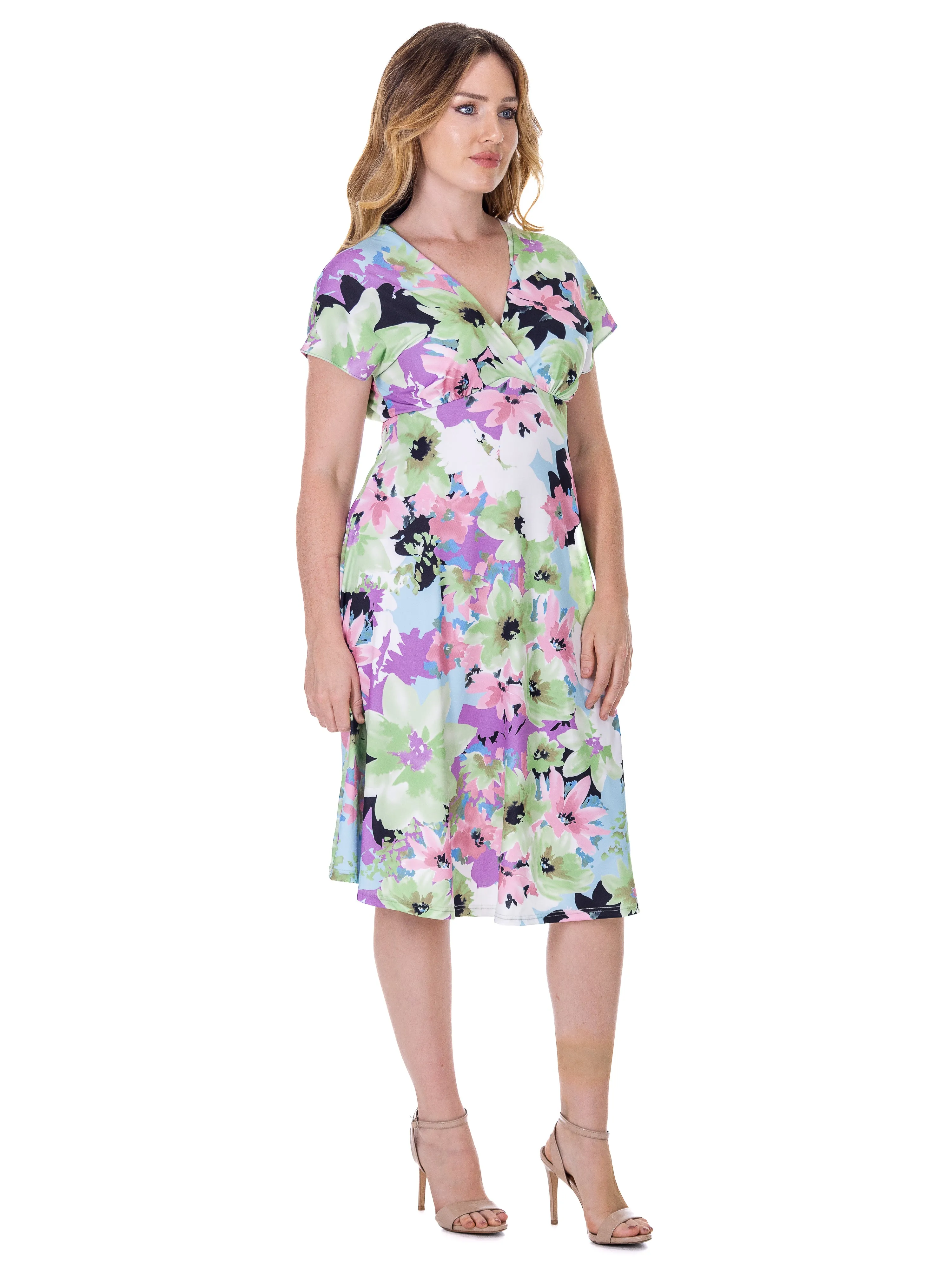 24seven Comfort Apparel Petite Floral Print V Neck Empire Waist Kimono Cap Sleeve Knee Length Dress sold by 24/7 Comfort Apparel product image thumbnail 2