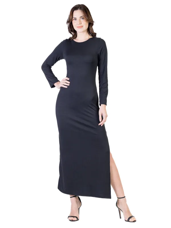 24seven Comfort Apparel Petite Boat Neck Long Sleeve Side Slit Fitted Maxi Dress sold by 24/7 Comfort Apparel