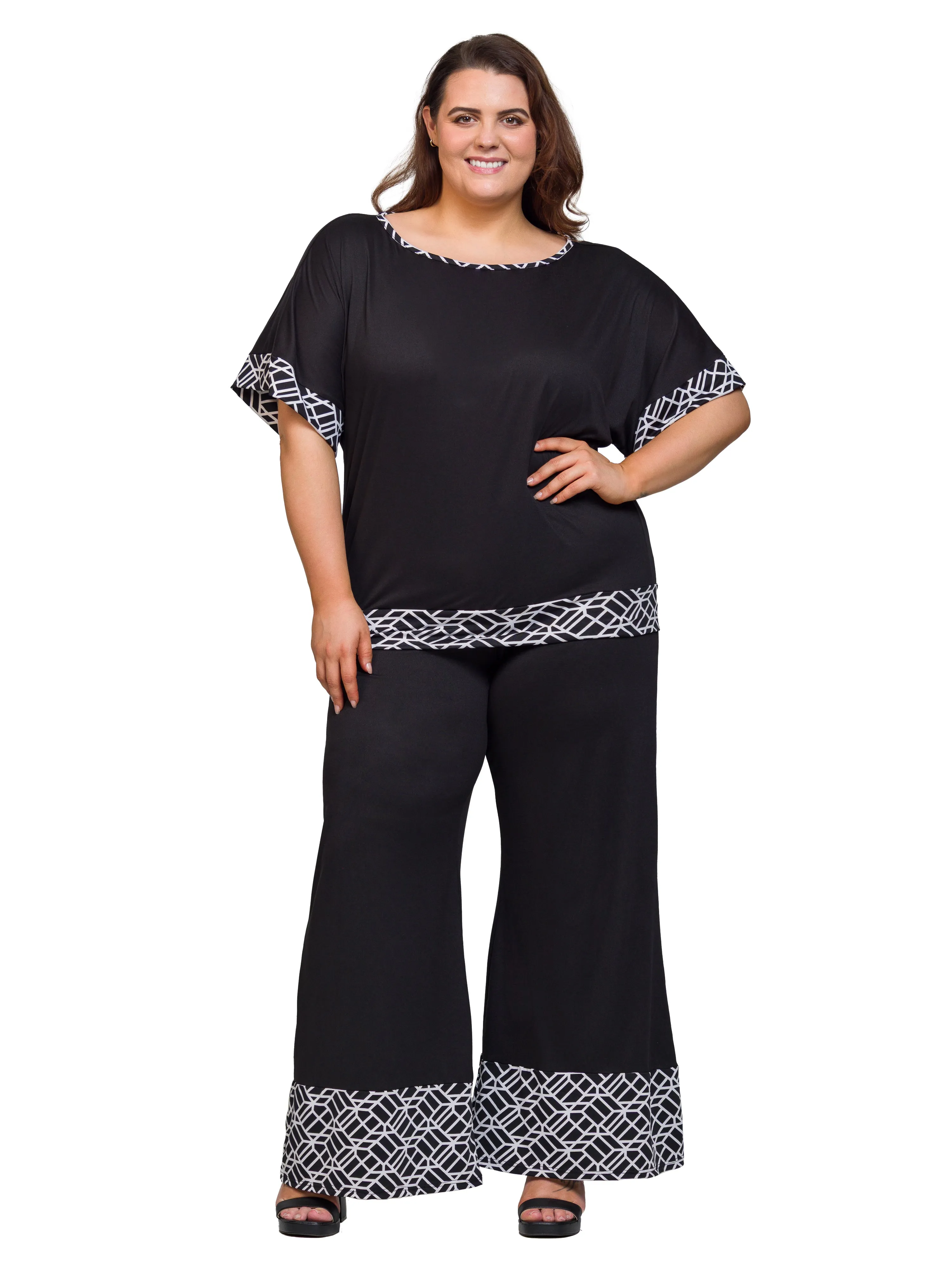 24seven Comfort Apparel Plus Size Boat Neck Dolman Sleeve Printed Trim Top and Pant Set sold by 24/7 Comfort Apparel