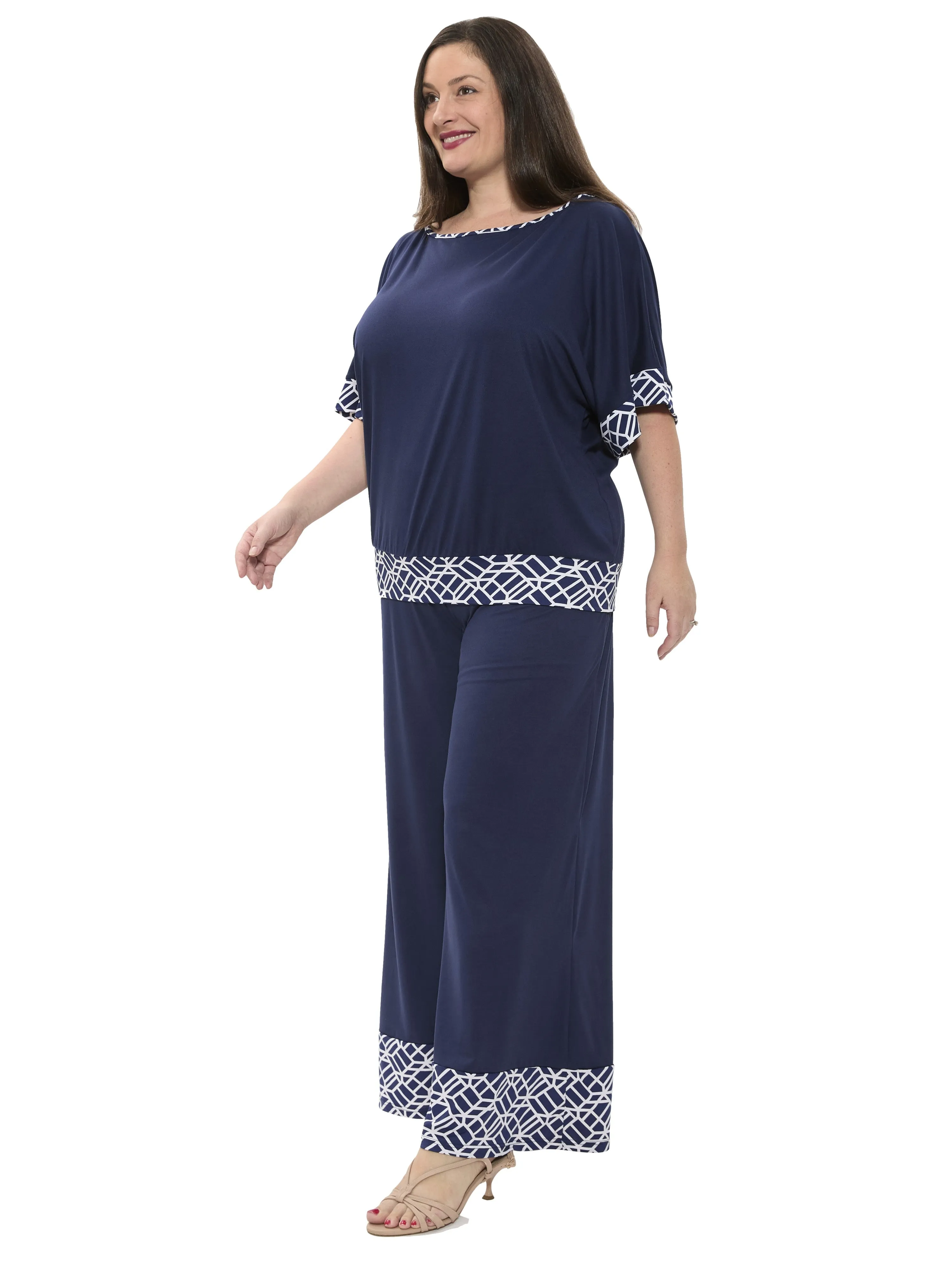 24seven Comfort Apparel Plus Size Boat Neck Dolman Sleeve Printed Trim Top and Pant Set sold by 24/7 Comfort Apparel product image thumbnail 5