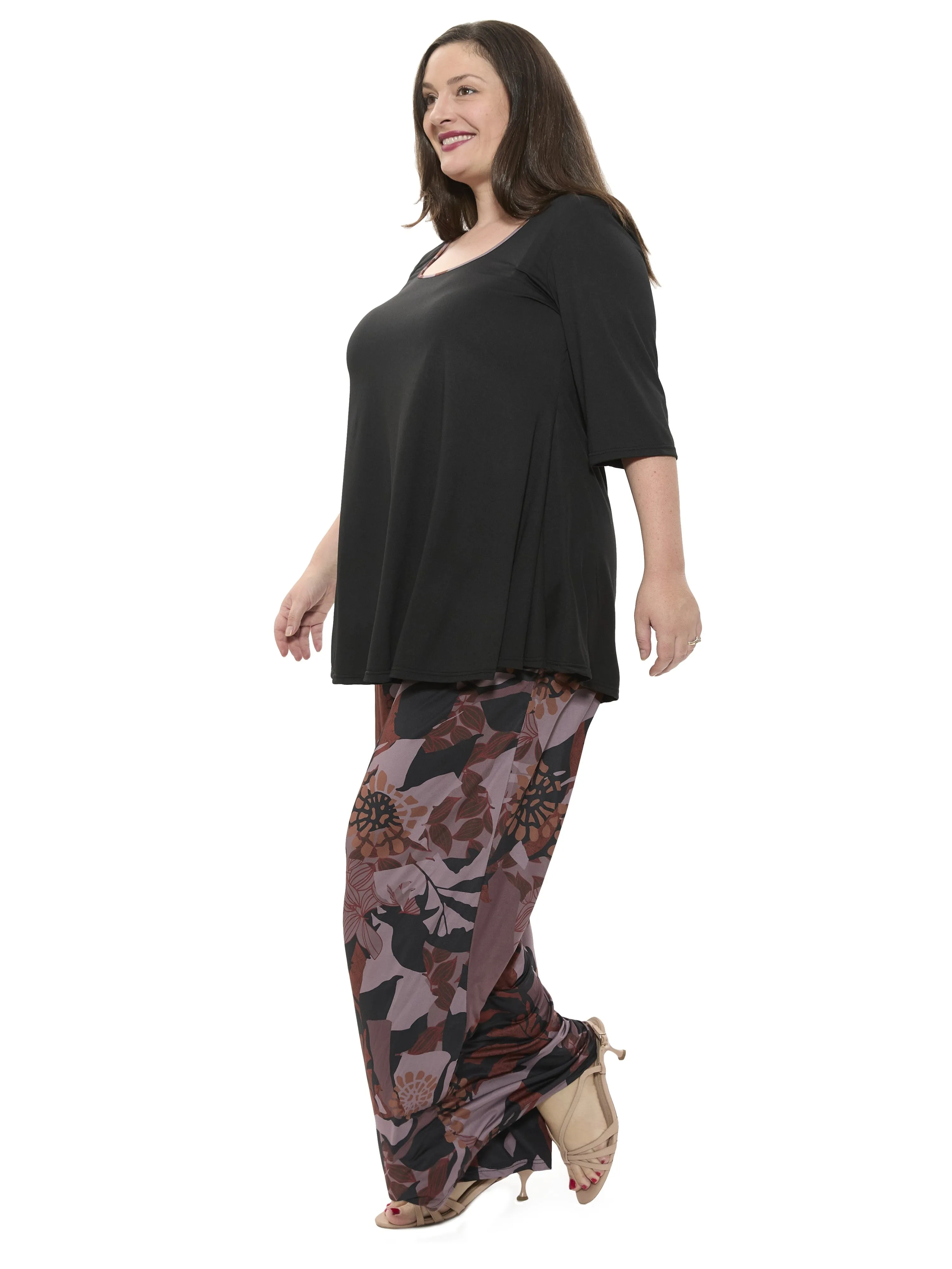 24seven Comfort Apparel Plus Size Floral Print Scoop Neck Elbow Sleeve Swing Tunic Top and Pant Set sold by 24/7 Comfort Apparel product image thumbnail 2
