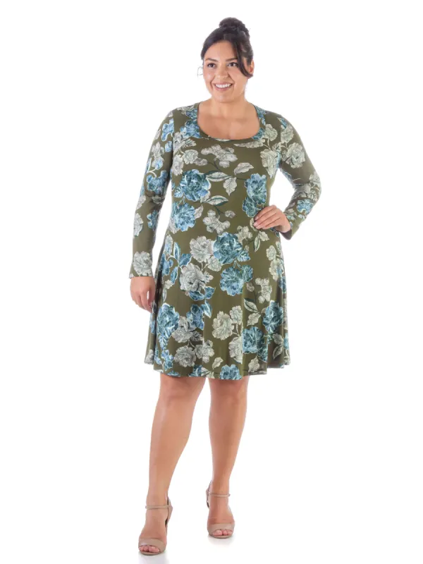 Green Floral Plus Size Long Sleeve Knee Length T Shirt Dress sold by 24/7 Comfort Apparel