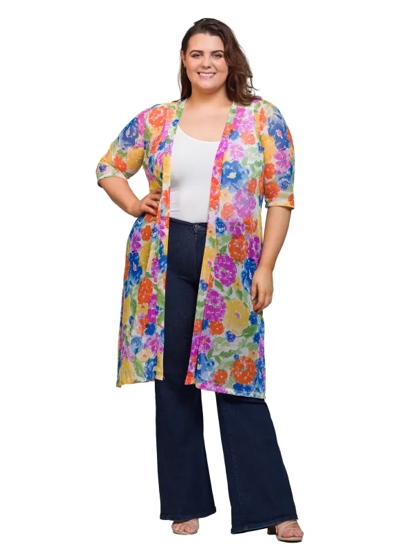 Essential Curvy Floral Sheer Open Front Knee Length Duster Jacket made by 24/7 Comfort Apparel