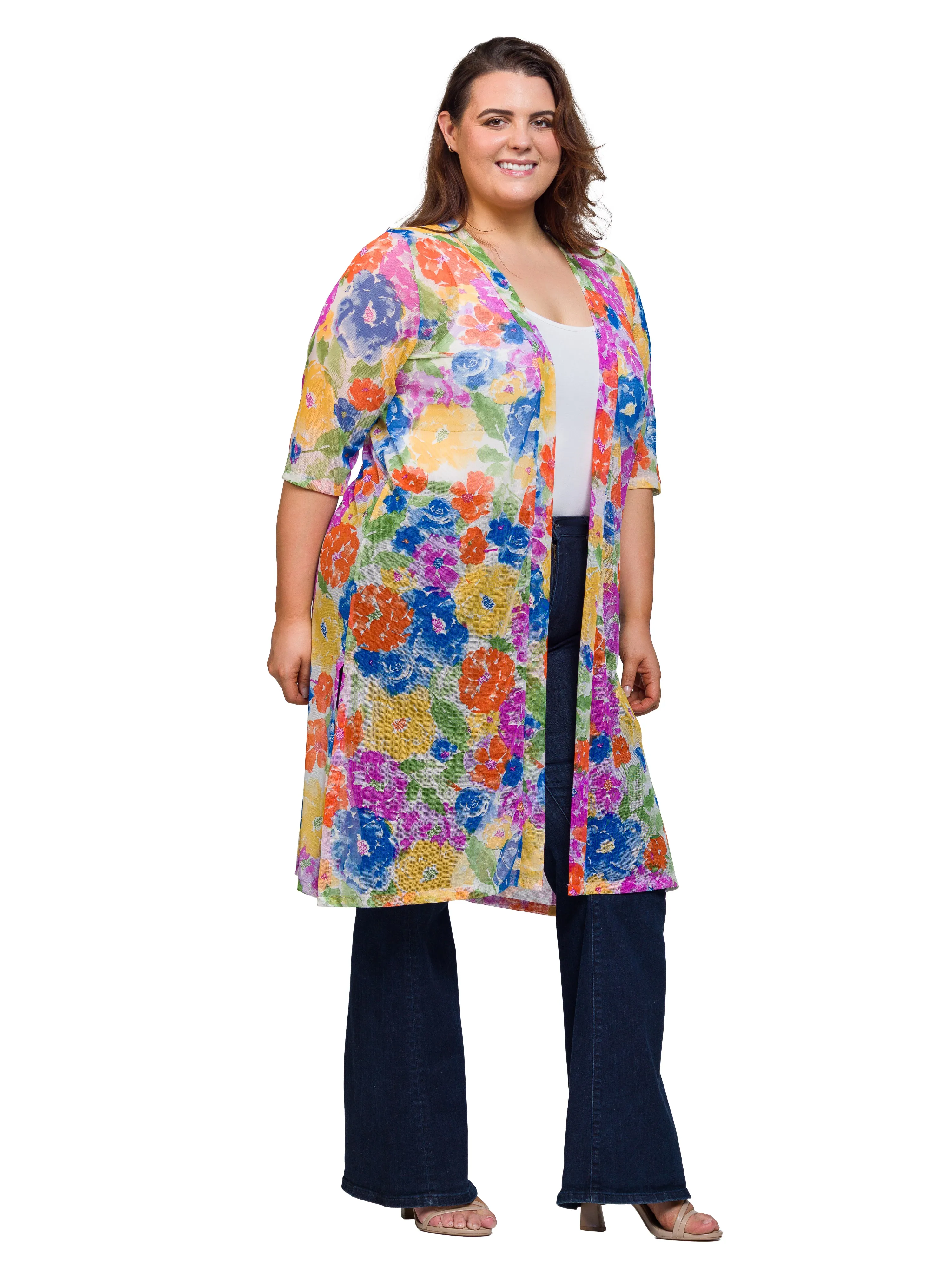 Essential Curvy Floral Sheer Open Front Knee Length Duster Jacket sold by 24/7 Comfort Apparel product image thumbnail 2