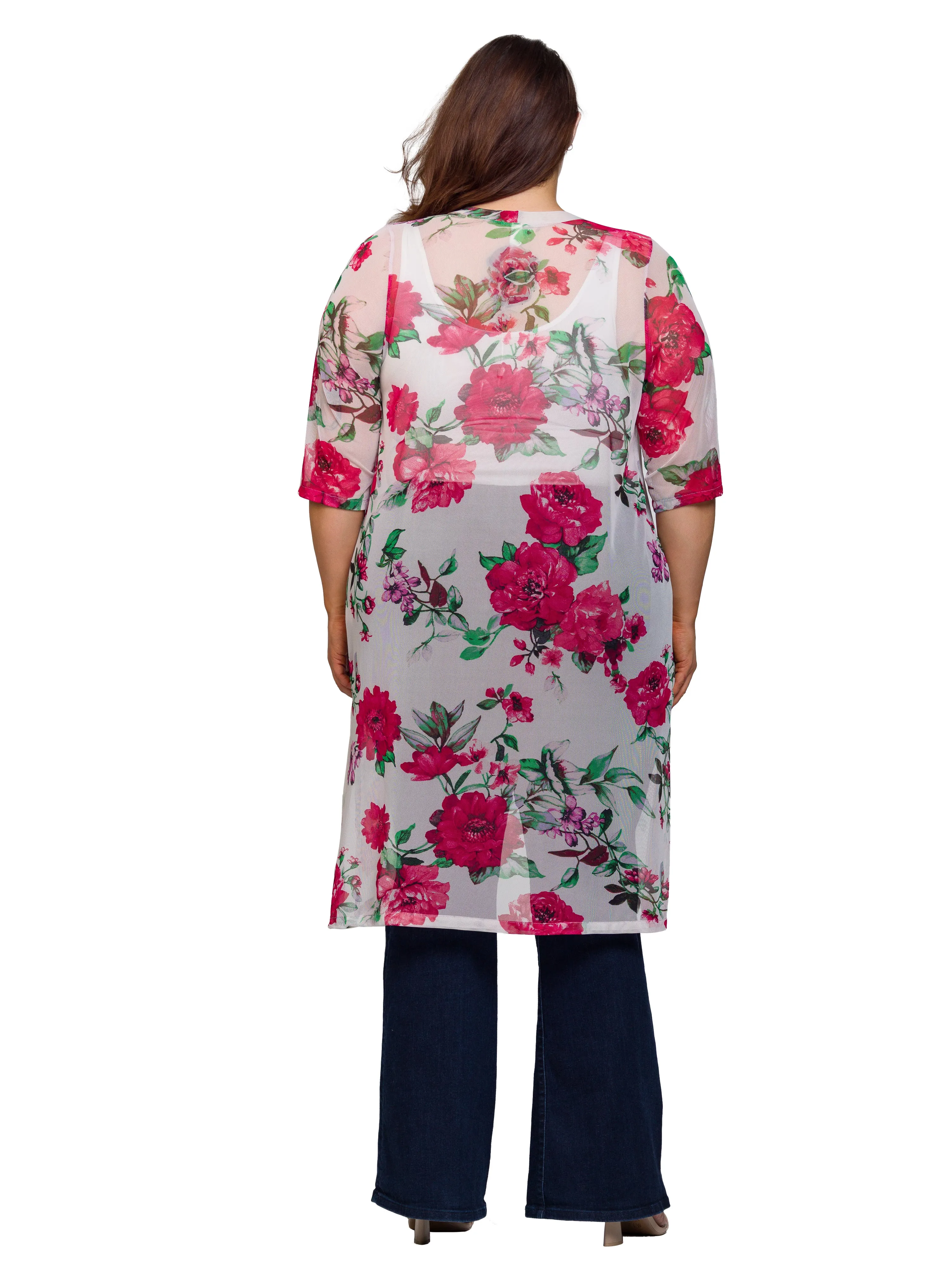 Essential Curvy Floral Open Front Knee Length Duster Jacket sold by 24/7 Comfort Apparel product image thumbnail 3