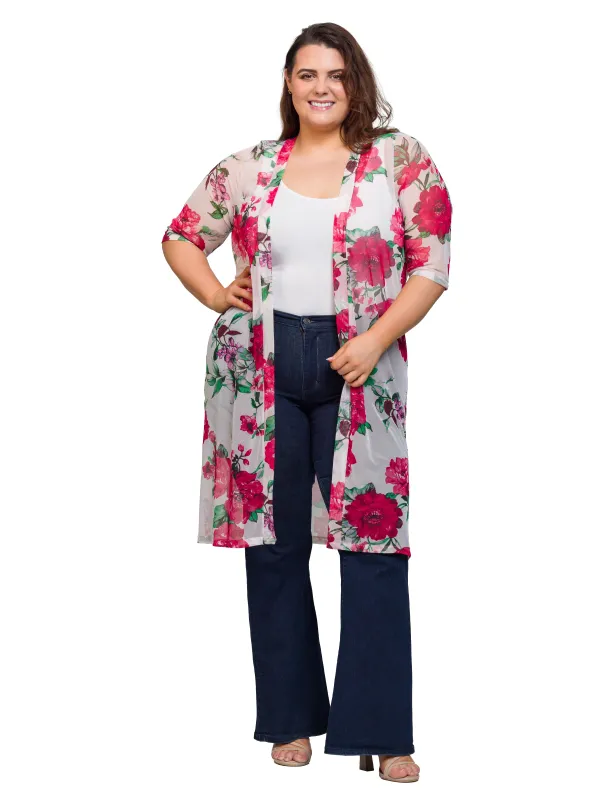 Essential Curvy Floral Open Front Knee Length Duster Jacket made by 24/7 Comfort Apparel