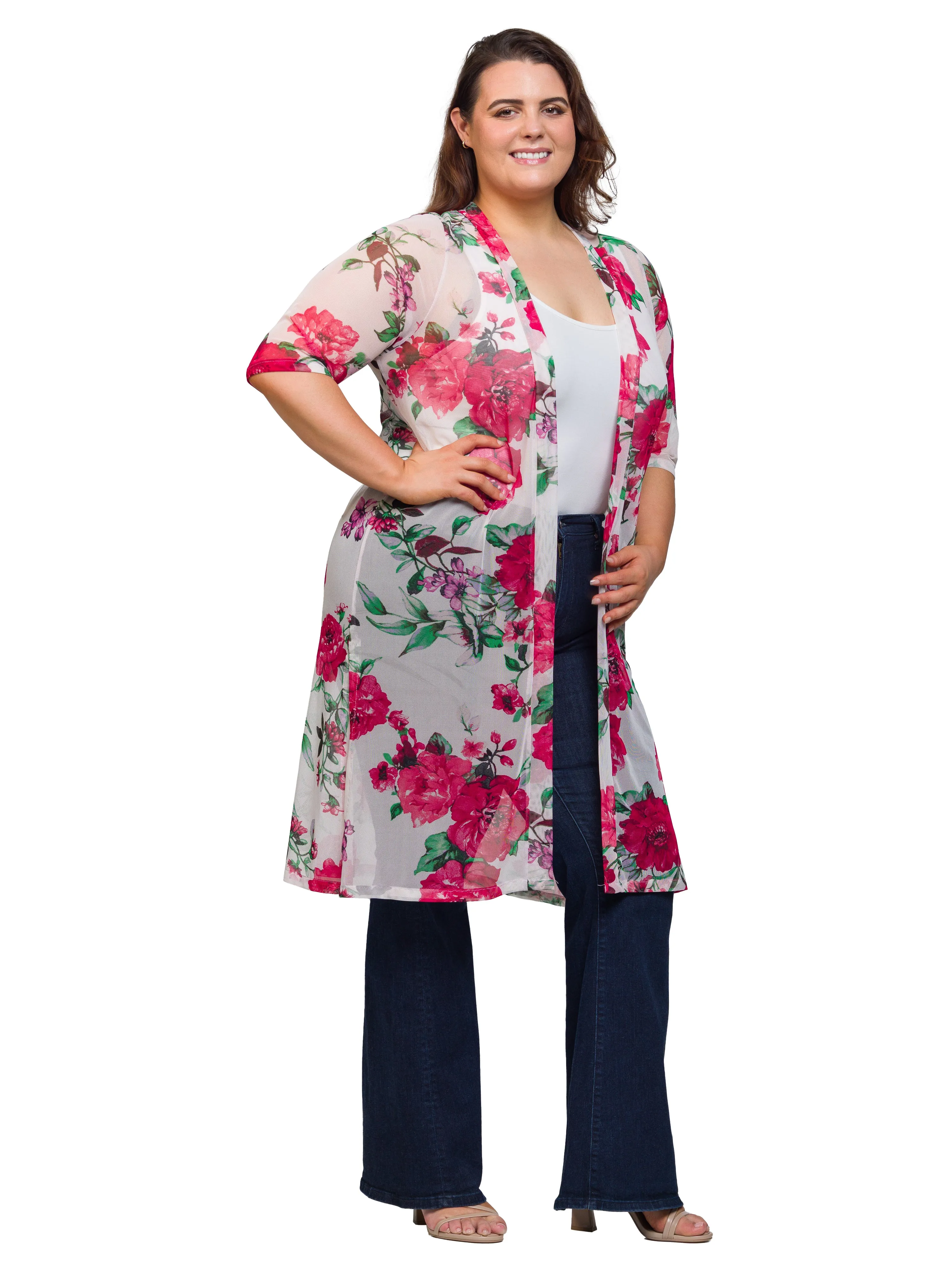 Essential Curvy Floral Open Front Knee Length Duster Jacket sold by 24/7 Comfort Apparel product image thumbnail 2