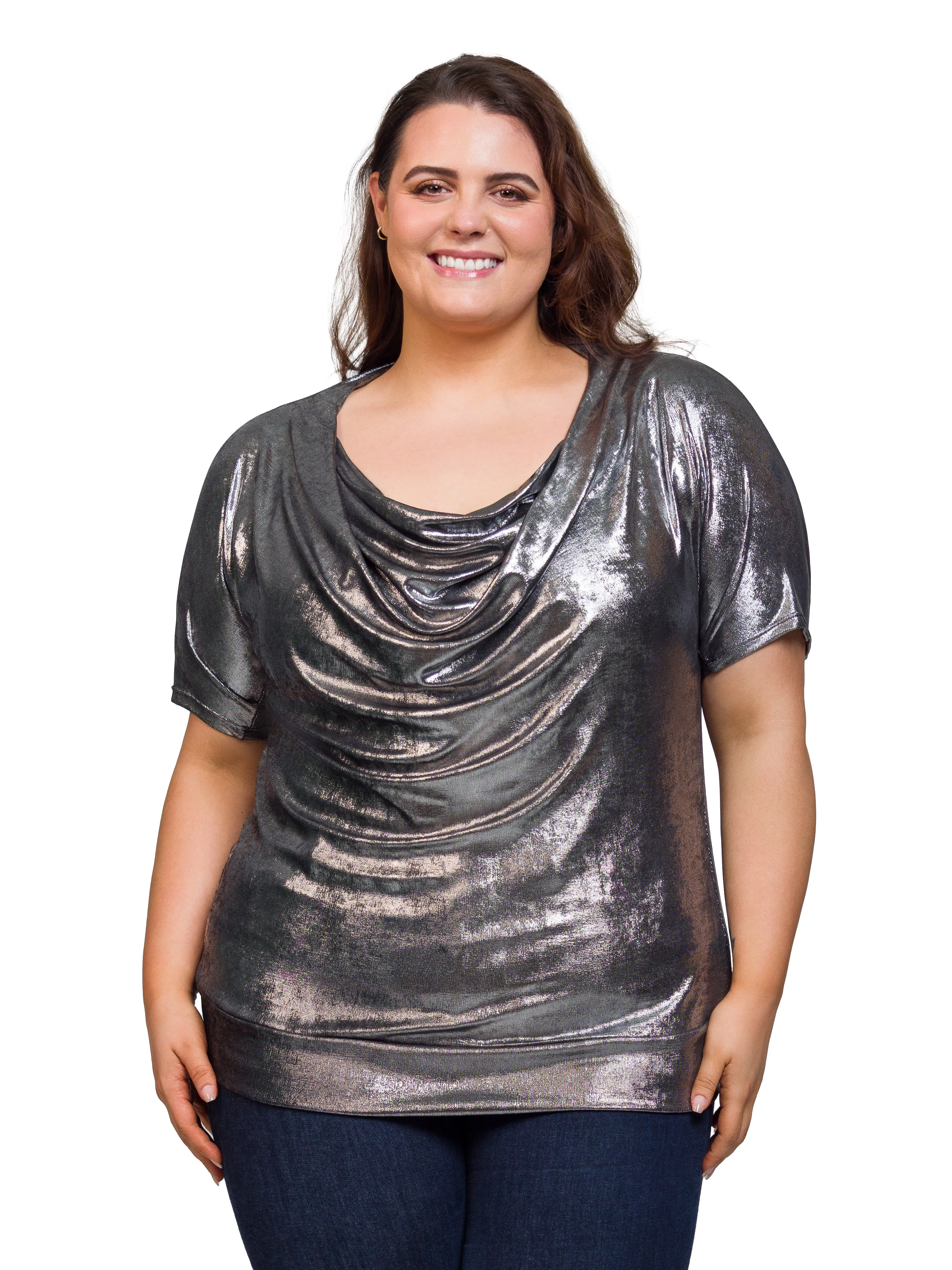 24seven Comfort Apparel Plus Size Cowl Neck Short Sleeve Banded Bottom Top sold by 24/7 Comfort Apparel