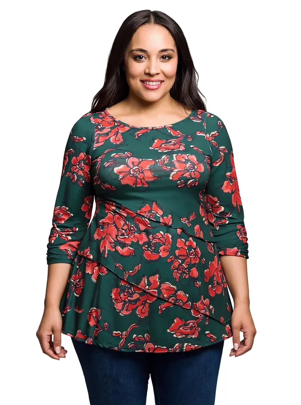 Essential Plus Size Green Floral Print Three Quarter Sleeve Tunic Top made by 24/7 Comfort Apparel
