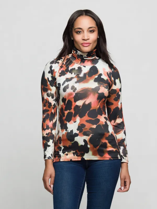 Essential Womens Animal Print Long Sleeve Turtleneck Top made by 24/7 Comfort Apparel