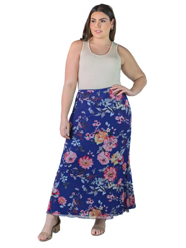 Plus Size Navy Floral Print Sheer Overlay Elastic Waist Maxi Skirt sold by 24/7 Comfort Apparel