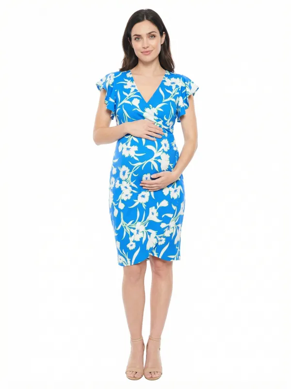 Elevate Maternity Floral Flutter Sleeve Wrap Knee Length Dress made by 24/7 Comfort Apparel
