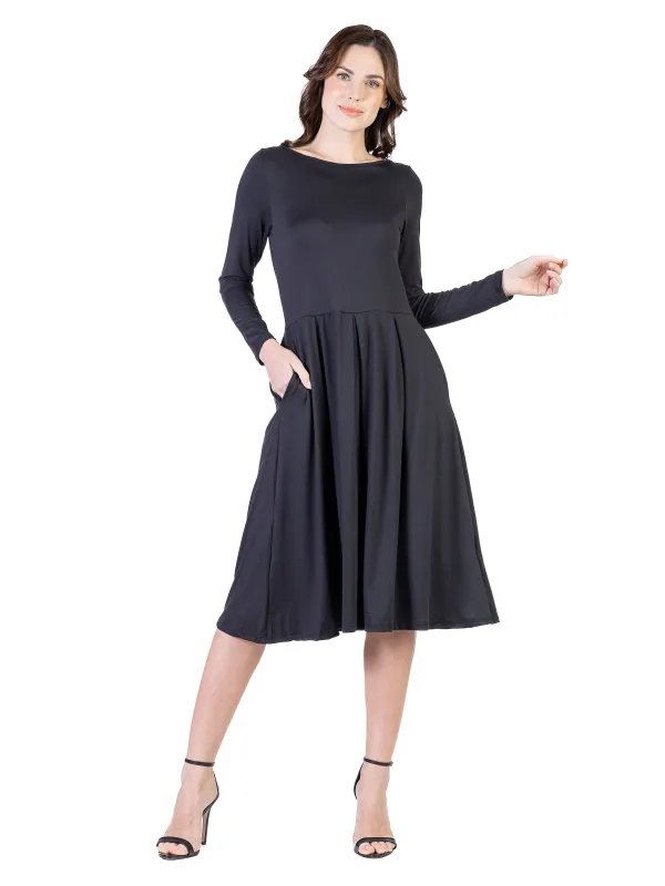 Essential Petite Round Neck Long Sleeve Fit N Flare Pocket Midi Dress made by 24/7 Comfort Apparel