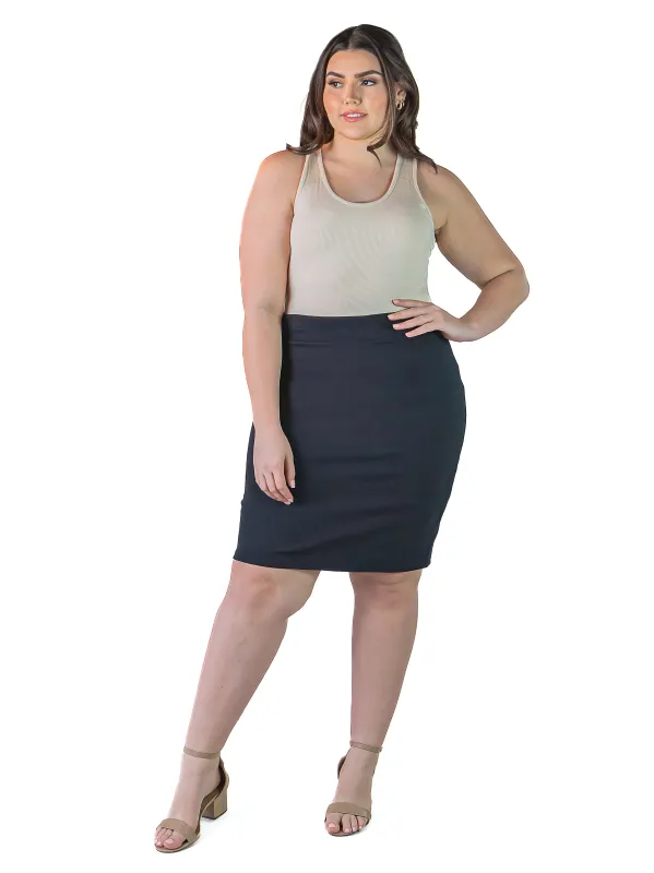 Essential Plus Size Solid Color Elastic Waist Knee Length Pencil Skirt made by 24/7 Comfort Apparel