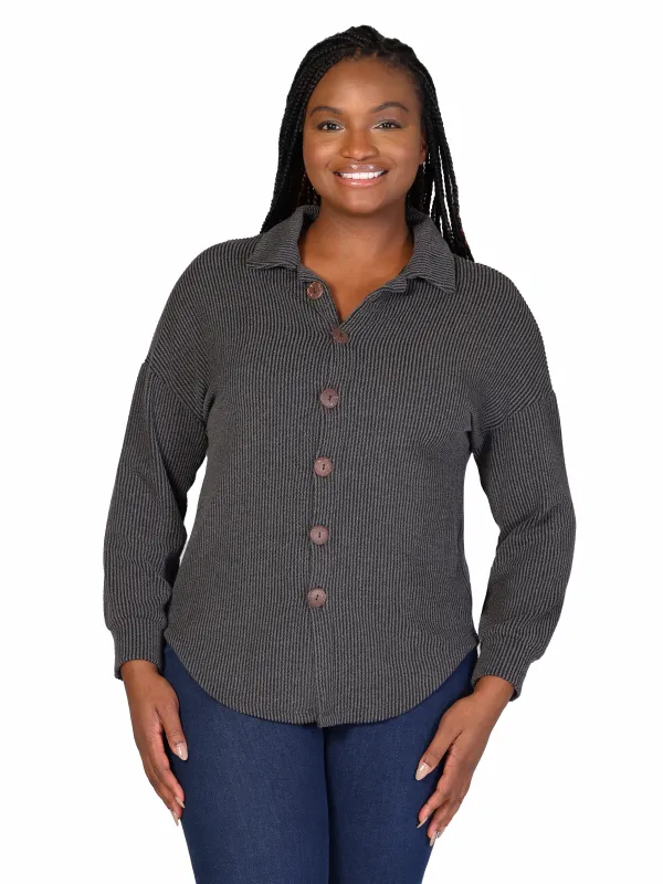 Essential Plus Size Ribbed Button Up Long Sleeve Collared Shirt Jacket made by 24/7 Comfort Apparel