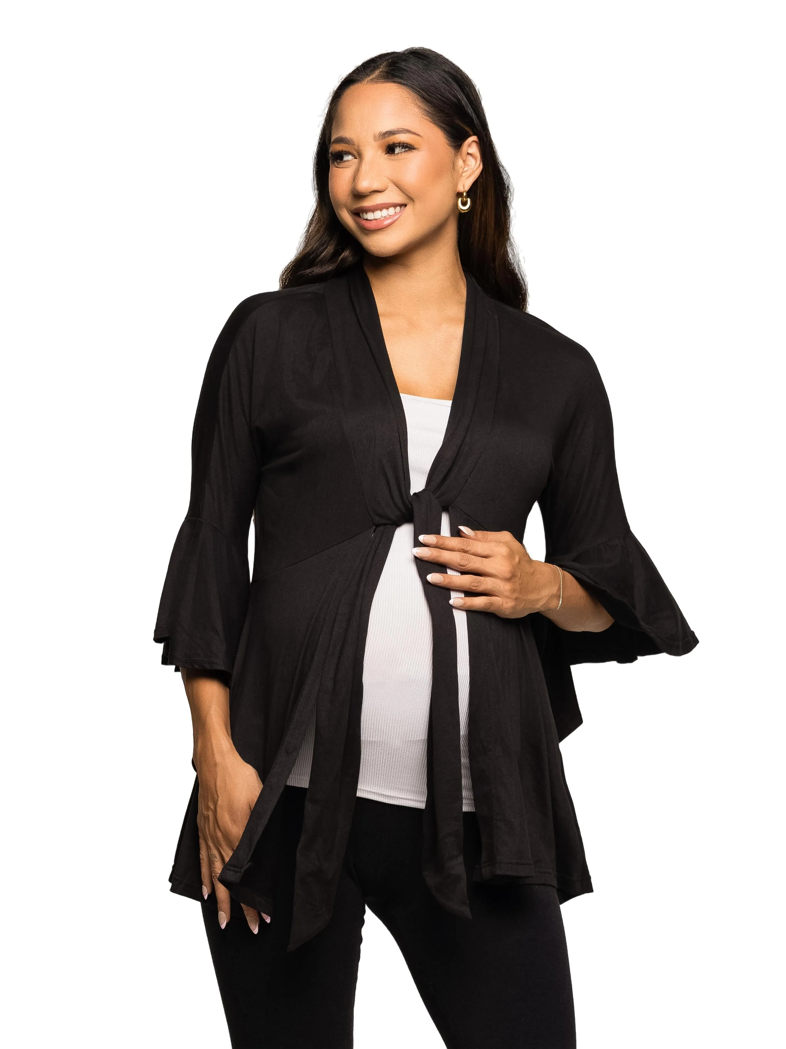 Essential Maternity Tie Front Bell Sleeve Jacket sold by 24/7 Comfort Apparel