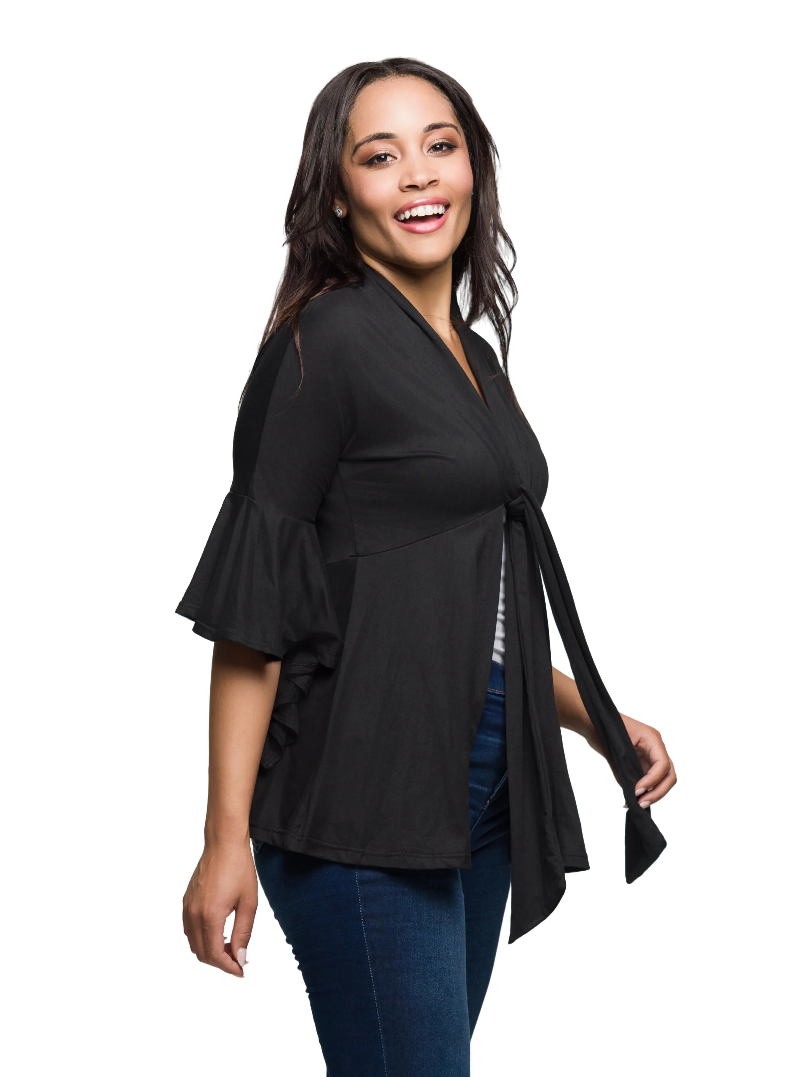 Essential Womens Tie Front Bell Sleeve Jacket sold by 24/7 Comfort Apparel product image thumbnail 2