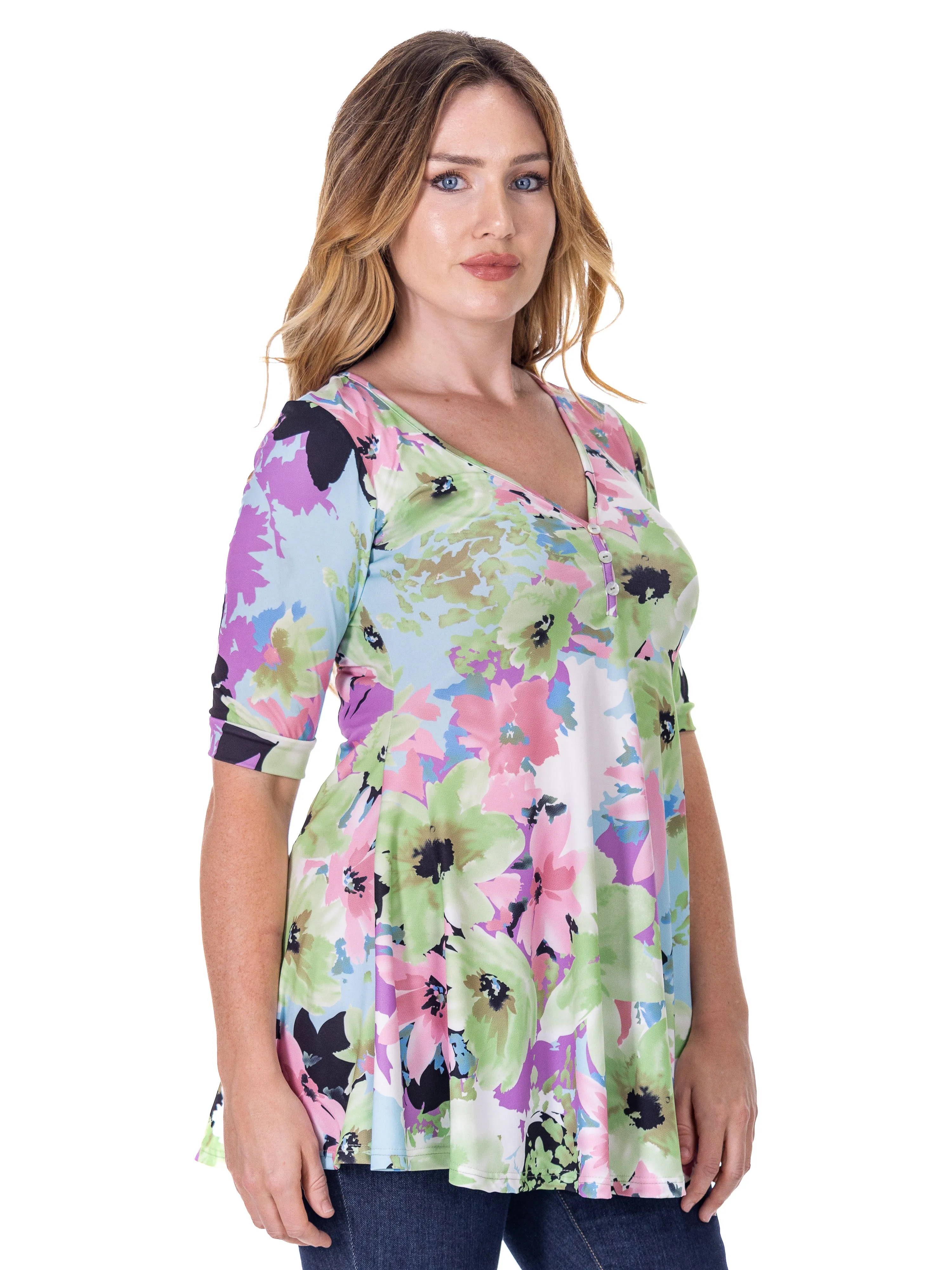 Essential Womens Pastel Floral Elbow Sleeve V Neck Henley Tunic Top sold by 24/7 Comfort Apparel product image thumbnail 2