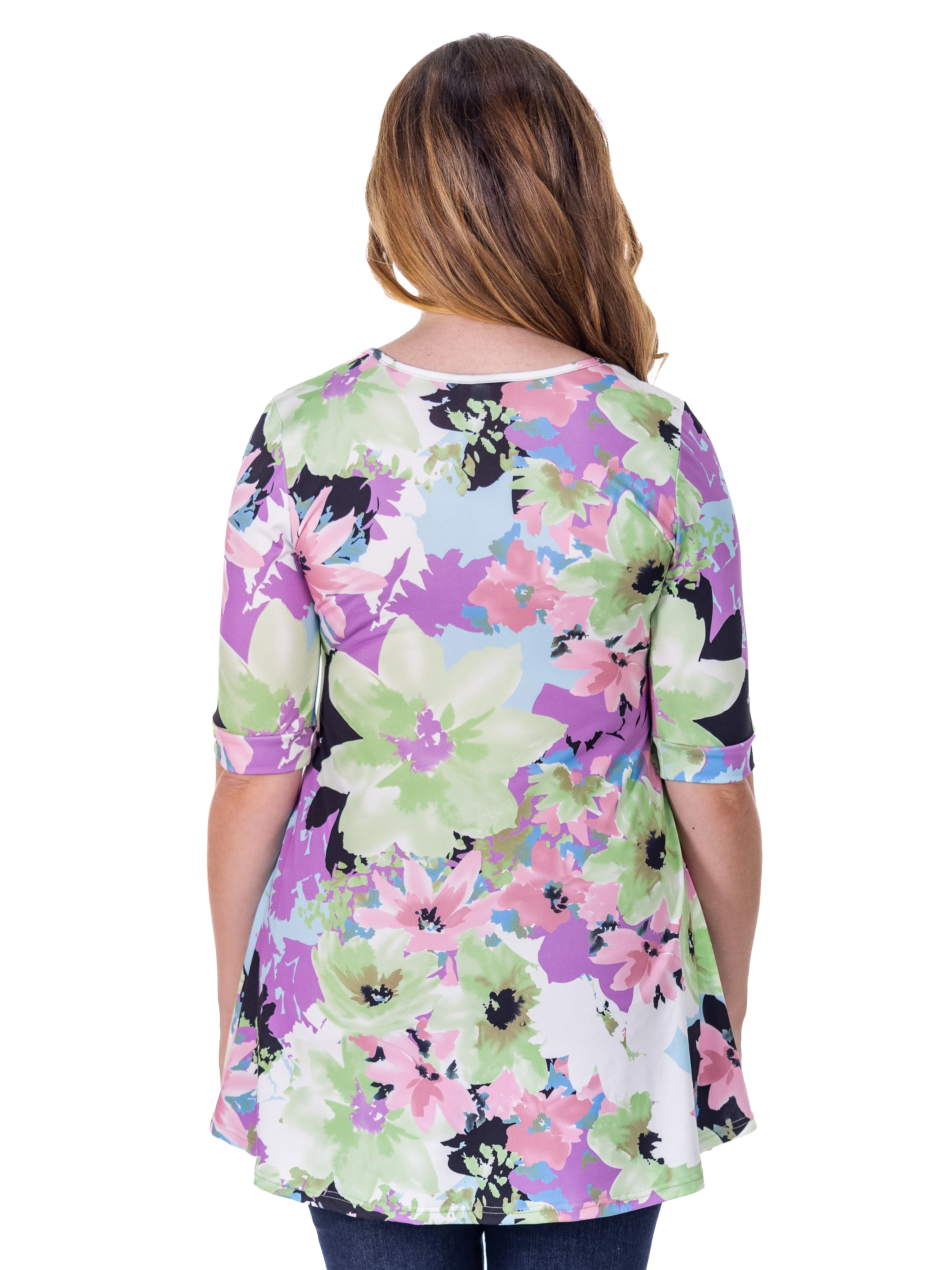 Essential Womens Pastel Floral Elbow Sleeve V Neck Henley Tunic Top sold by 24/7 Comfort Apparel product image thumbnail 3