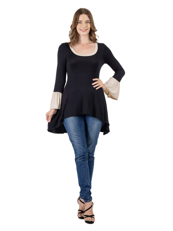 Essential Womens Black and Beige Bell Sleeve Hi Low Tunic Top made by 24/7 Comfort Apparel